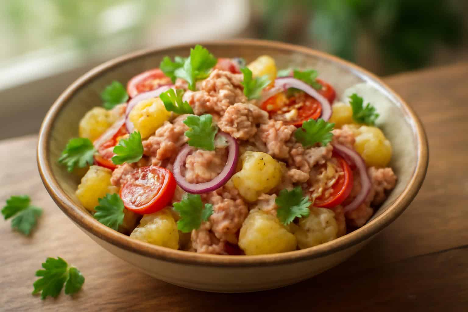 Fresh tuna potato salad in a bowl garnished with parsley and red onions, perfect tuna potato salad