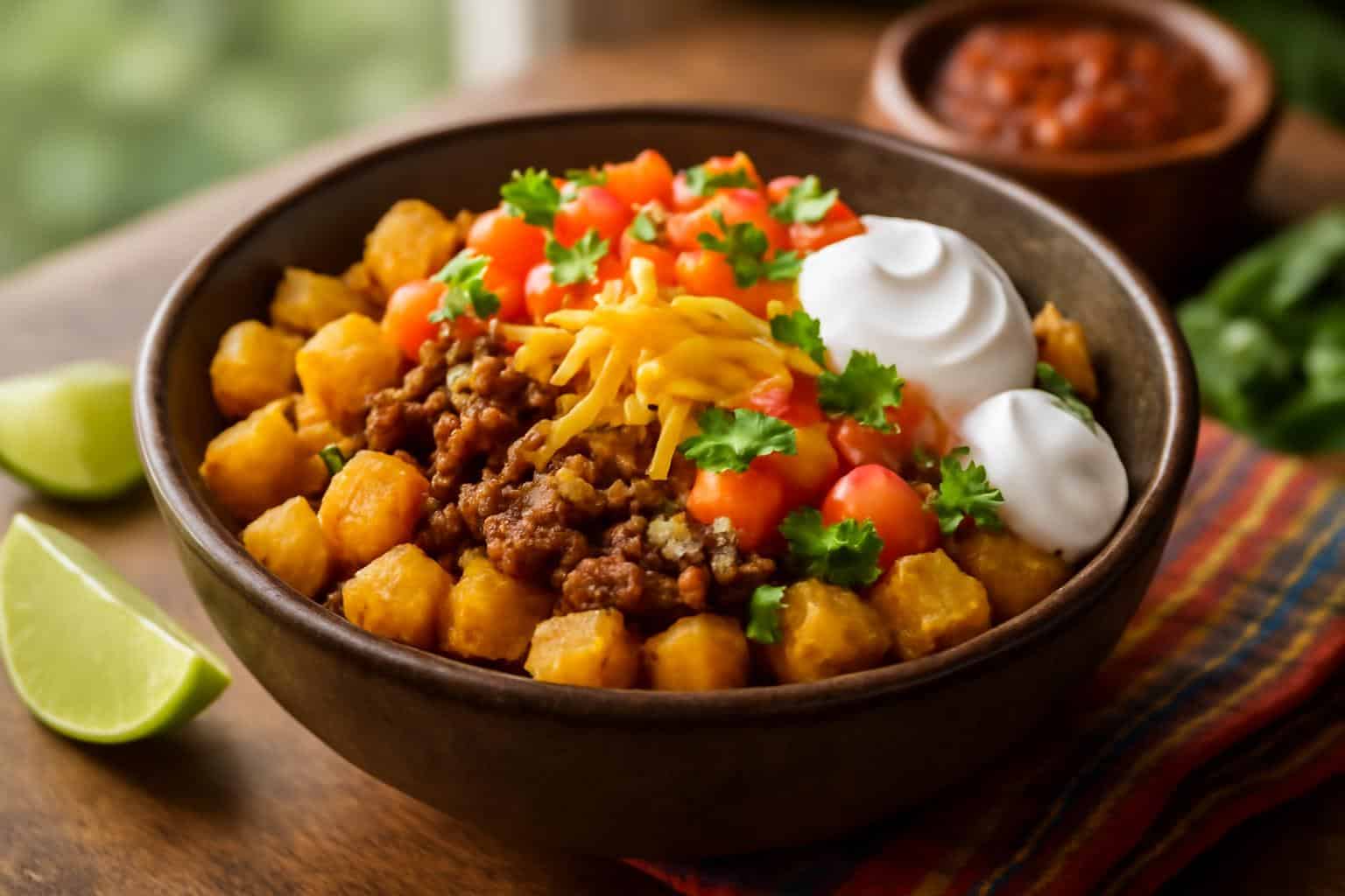Loaded potato taco bowl with seasoned beef, crispy potatoes, cheese, and fresh toppings