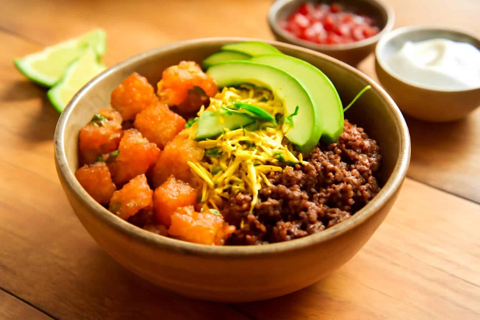 Loaded potato taco bowl with seasoned beef, crispy potatoes, avocado, and cheese in a rustic bowl