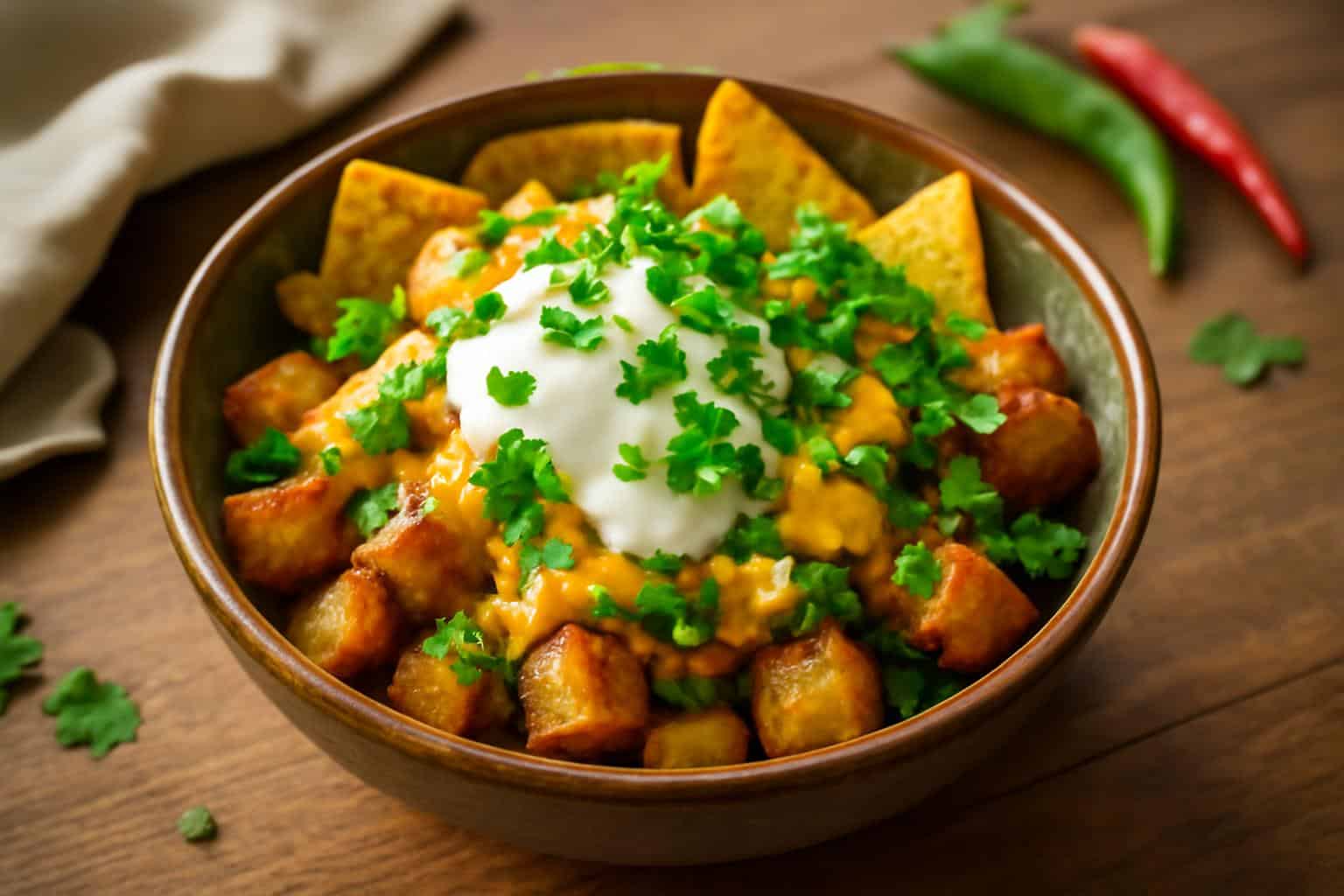 Loaded potato taco bowl topped with cheese, sour cream, green onions, and cilantro