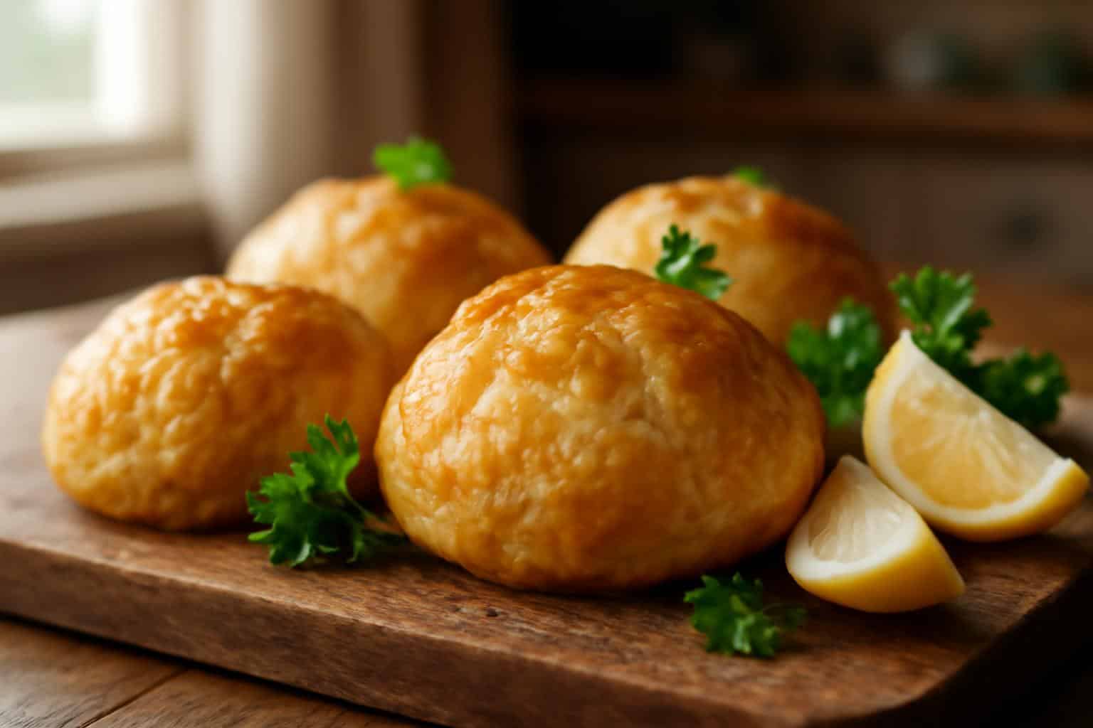 Golden baked lobster crab butter bombs garnished with parsley and lemon wedges, rich buttery seafood appetizers