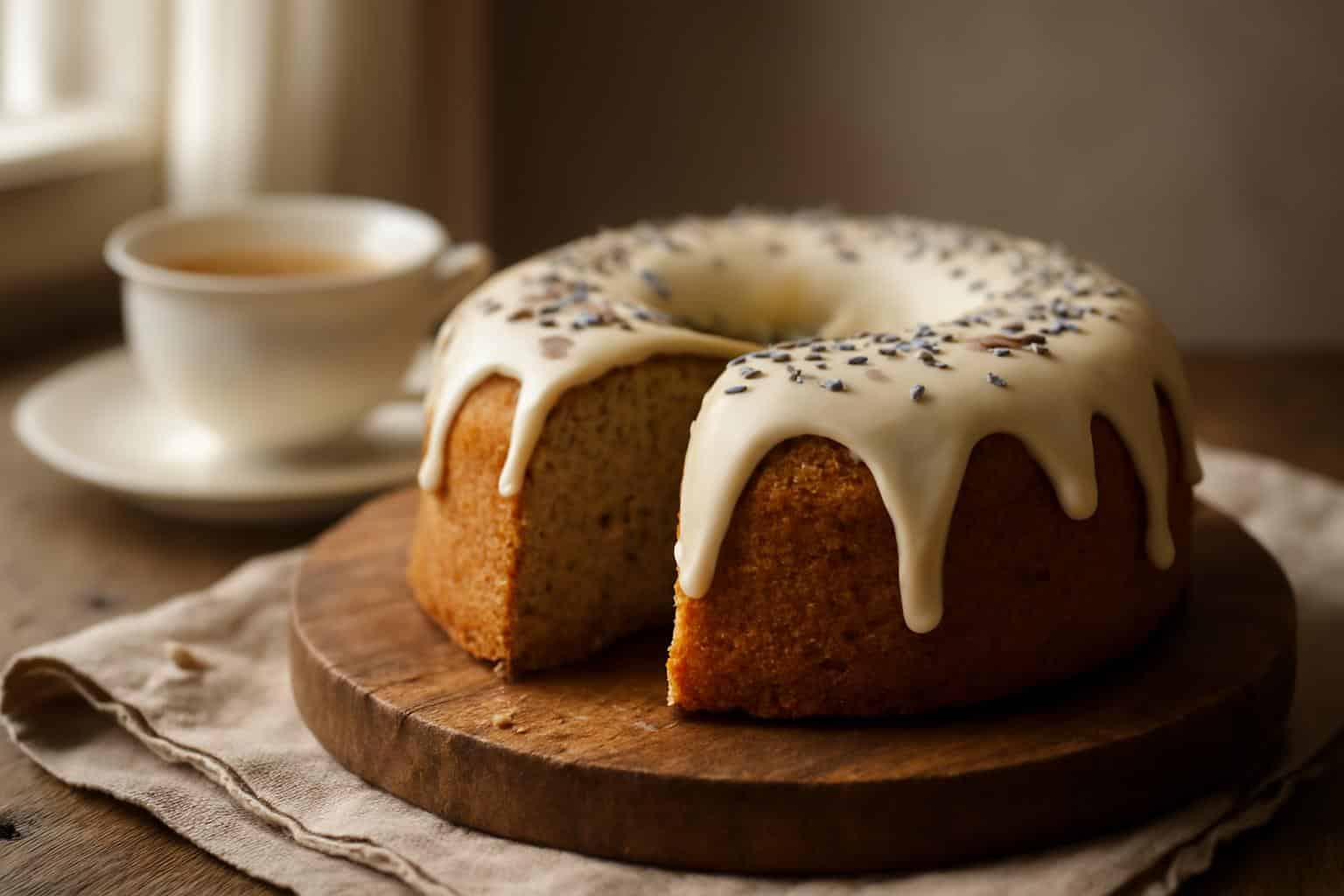 Moist London fog cake with vanilla glaze and Earl Grey tea infusion