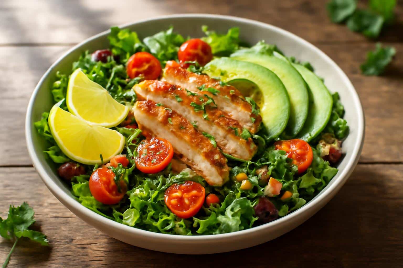 Fresh healthy salad with mixed greens, avocado, grilled chicken, and nuts for weight loss