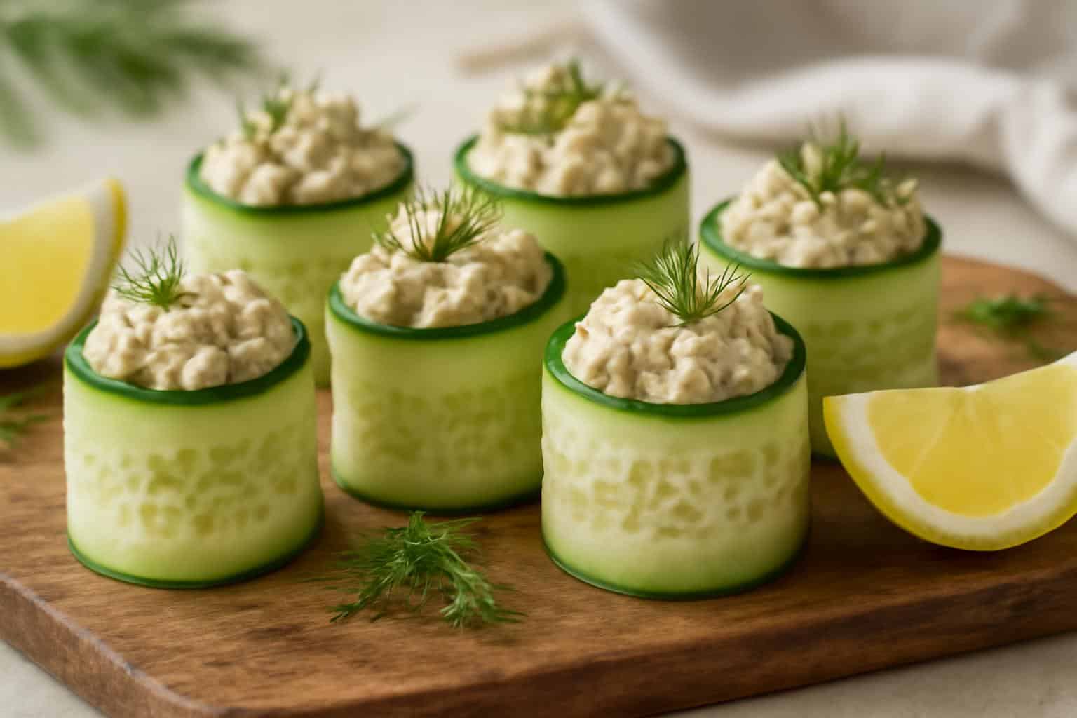 Low-cal chicken salad cucumber rolls arranged on a wooden board garnished with dill and lemon wedges