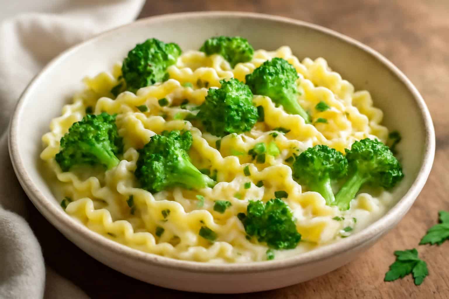 Mafaldine pasta limone with broccoli garnished with lemon zest and parsley on a rustic white bowl
