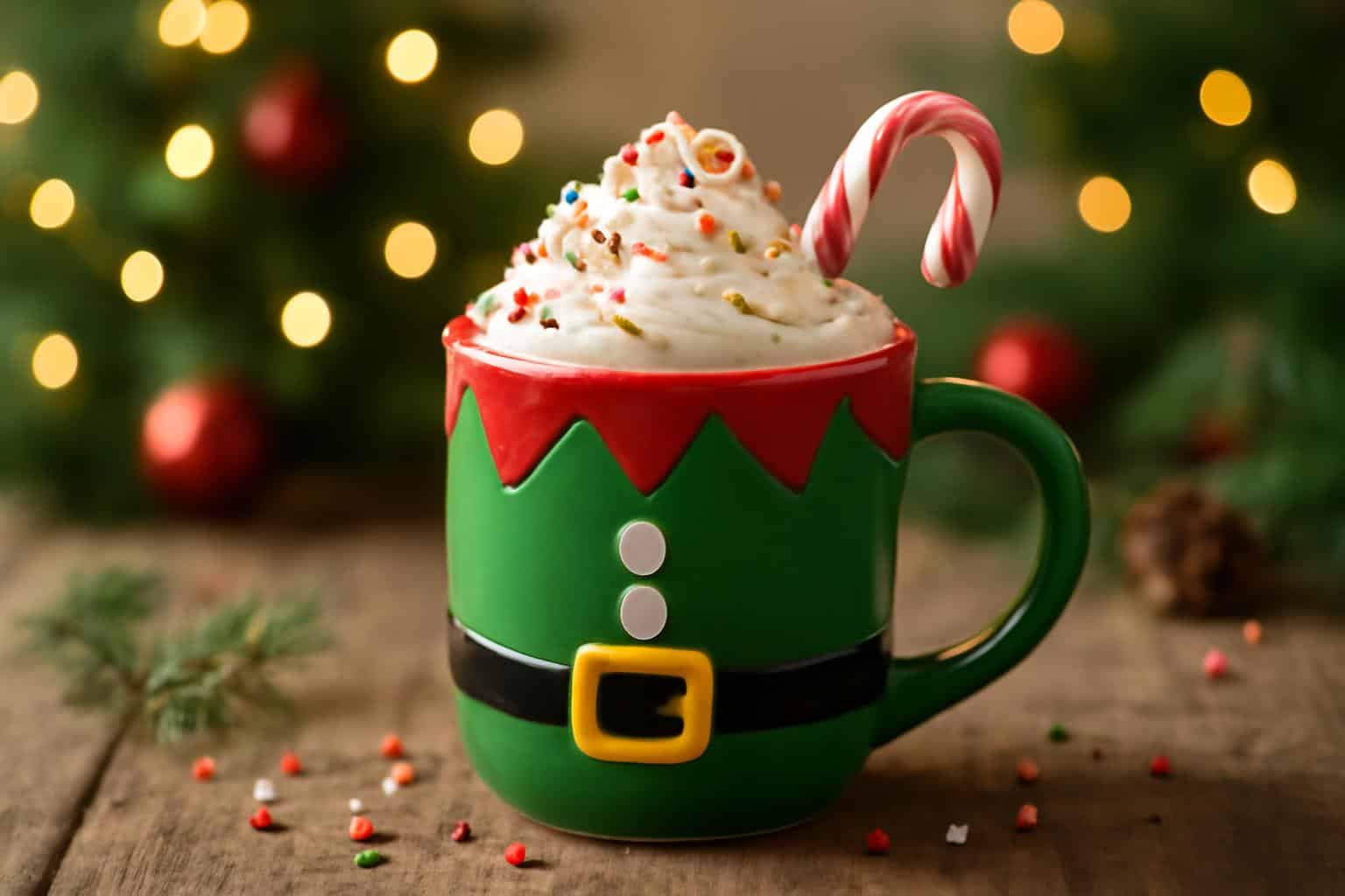 Cup of Christmas Elf hot chocolate topped with whipped cream and sprinkles on rustic table