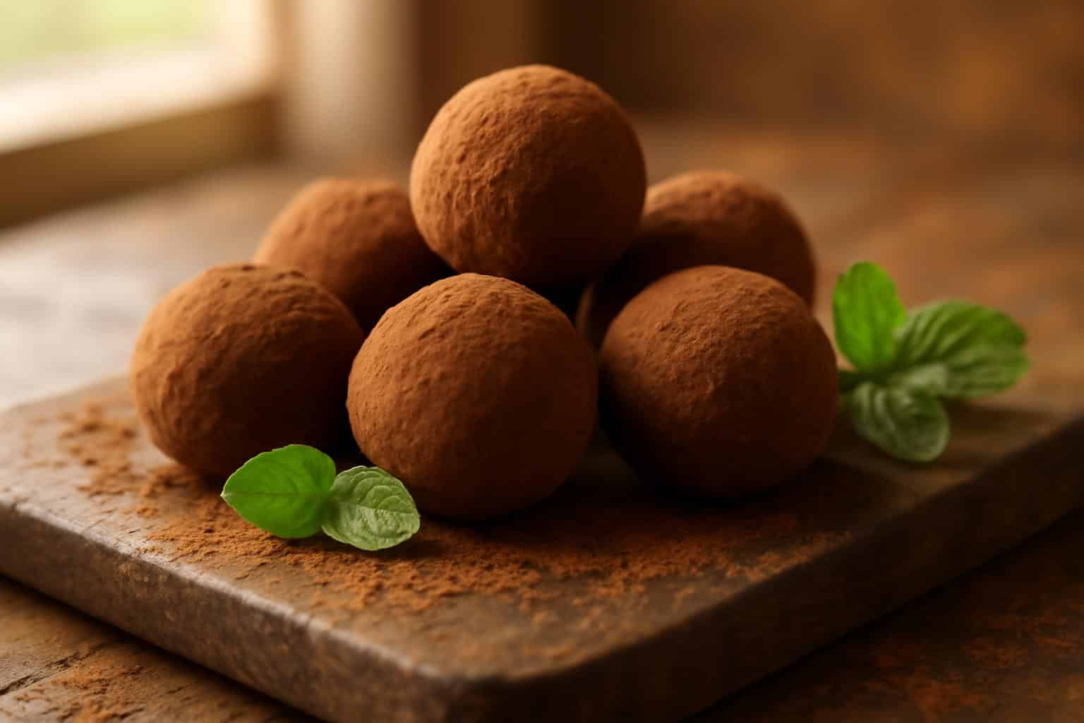 homemade chocolate truffles coated in cocoa powder on wooden board with mint garnish