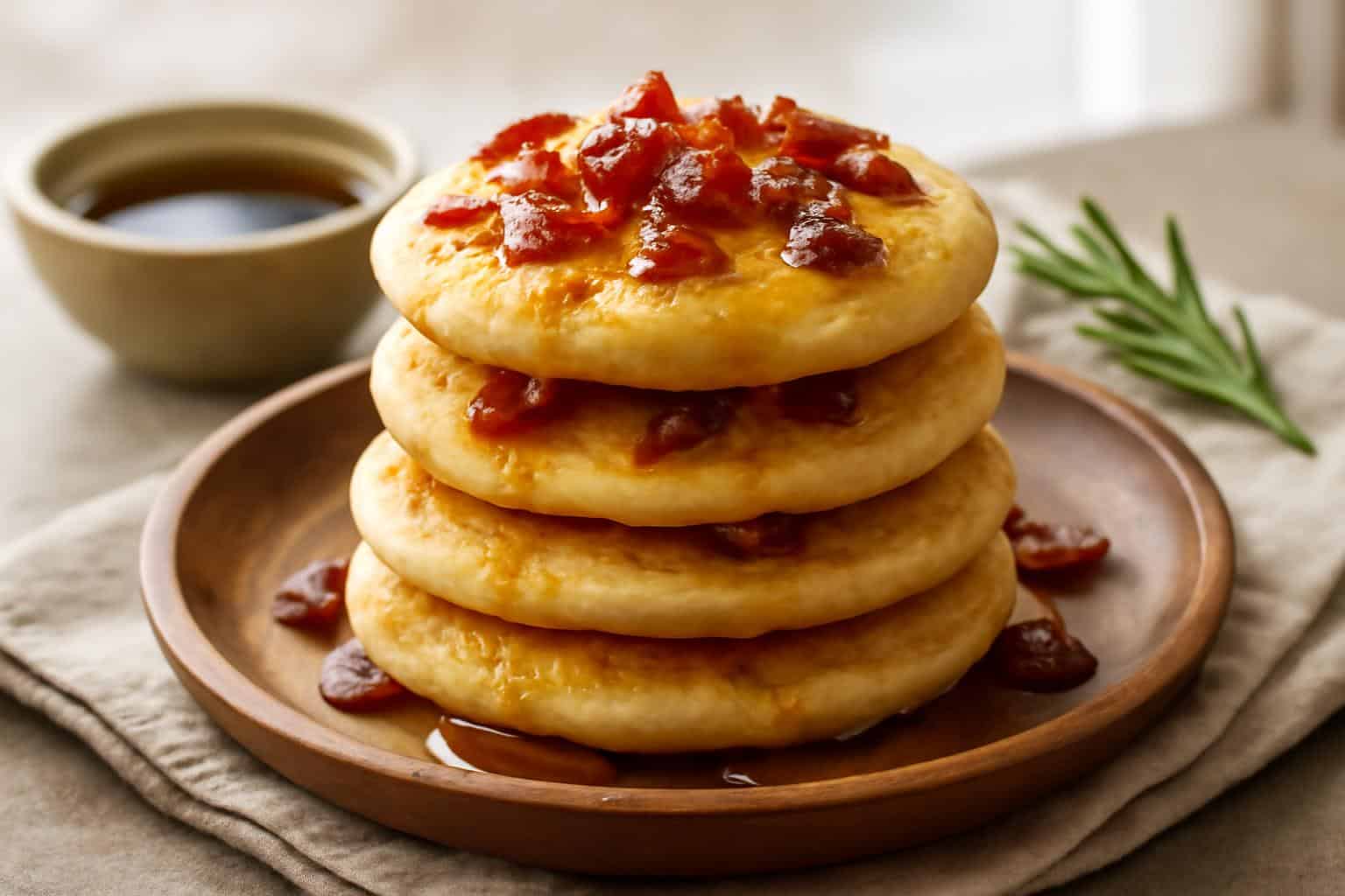 Maple bacon pancake cookies stacked with crispy bacon bits and maple syrup drizzle
