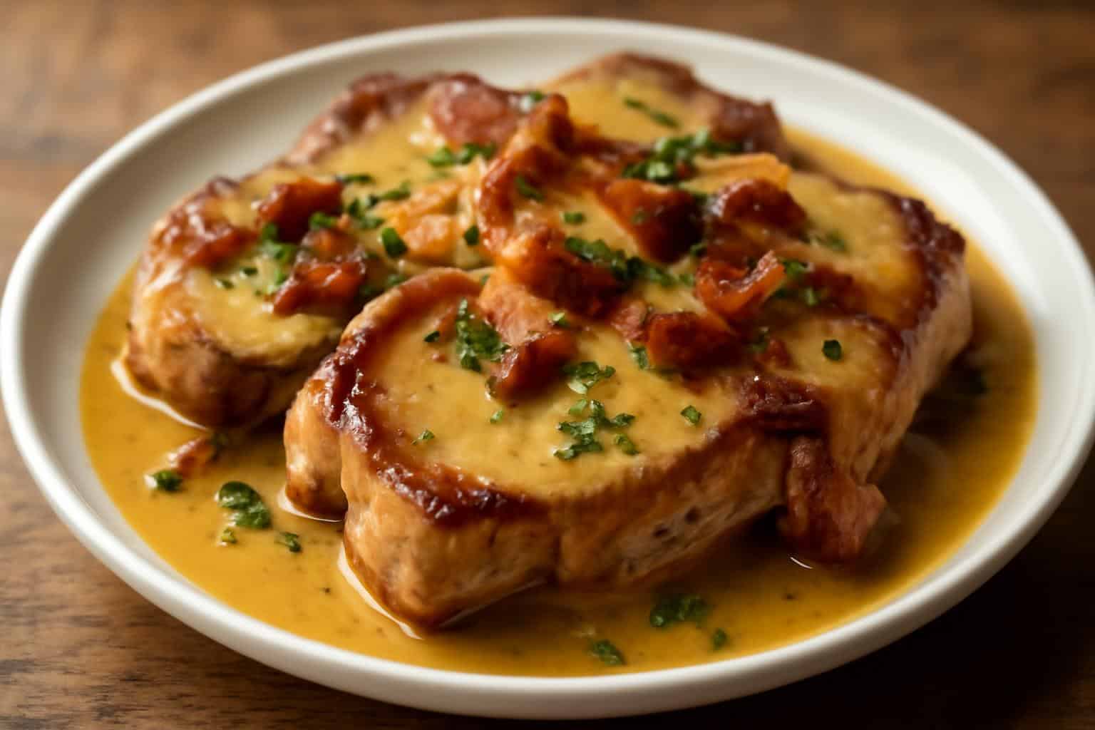 Maple bacon pork chops with dijon mustard cream sauce garnished with fresh herbs and crispy bacon