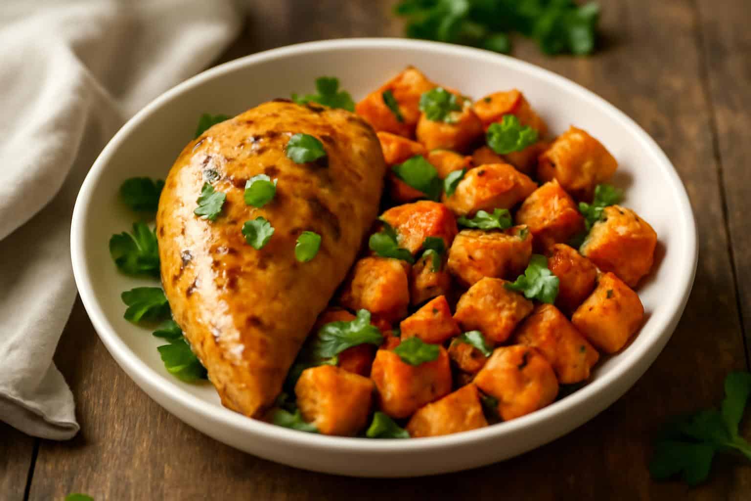 Maple dijon chicken and roasted sweet potato bowl garnished with parsley and green onions