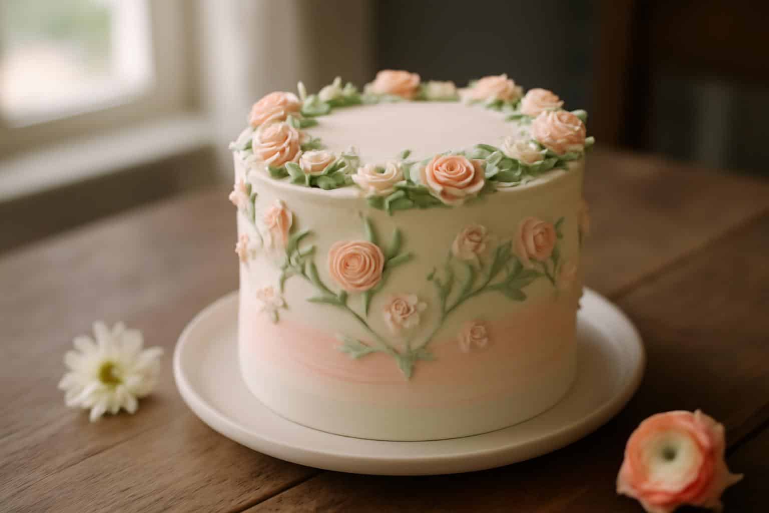 beautifully decorated layered cake with smooth pastel buttercream showing cake design