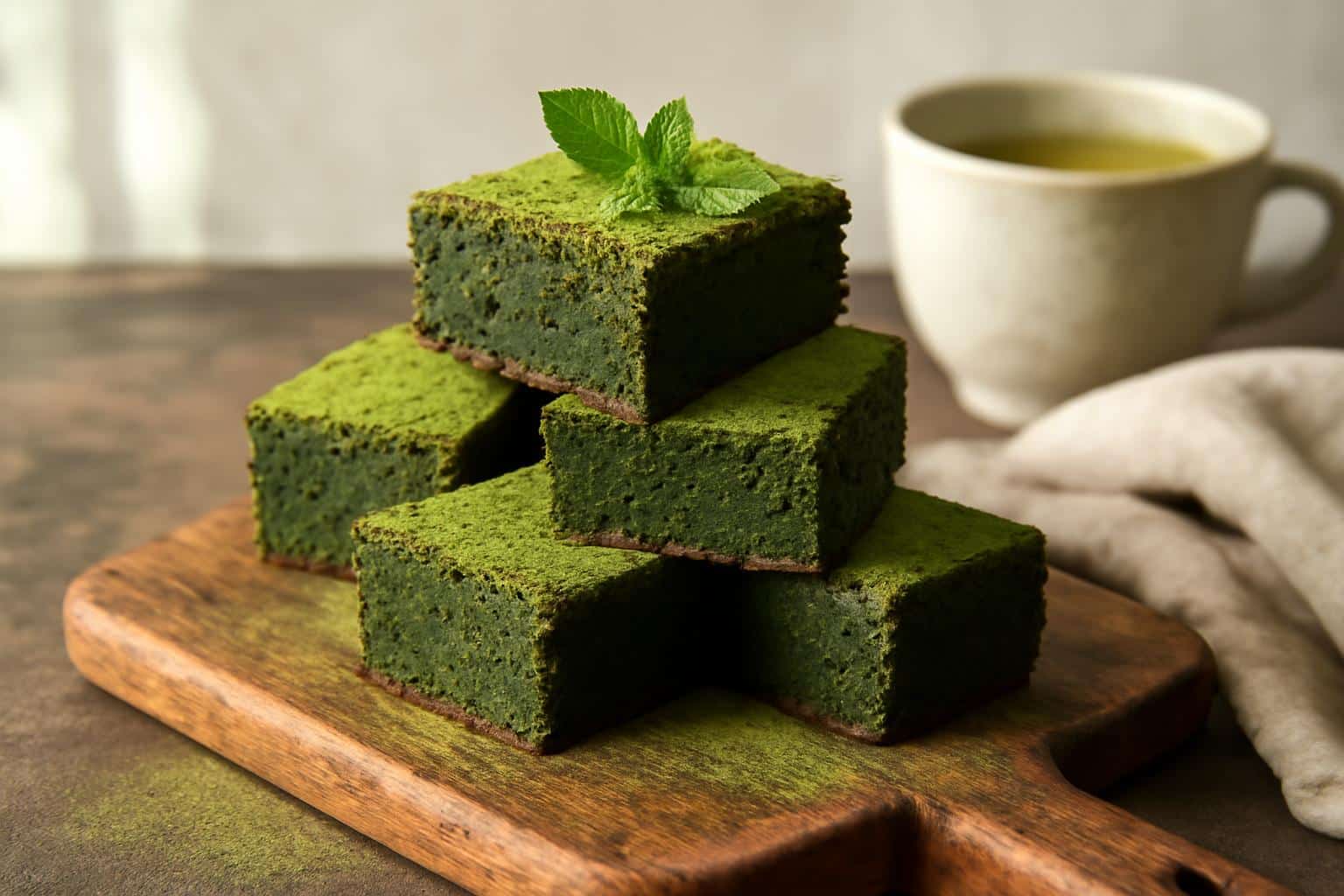 Fudgy matcha brownies stacked on wooden board garnished with matcha powder and mint leaves