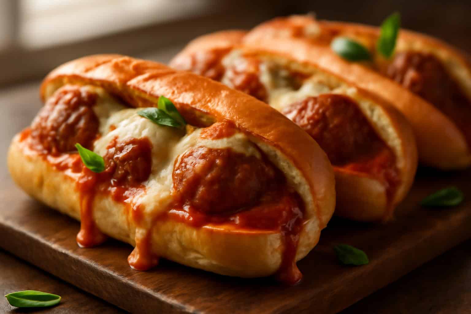 Close-up of melt-in-your-mouth cheesy meatball subs with melted cheese and marinara sauce
