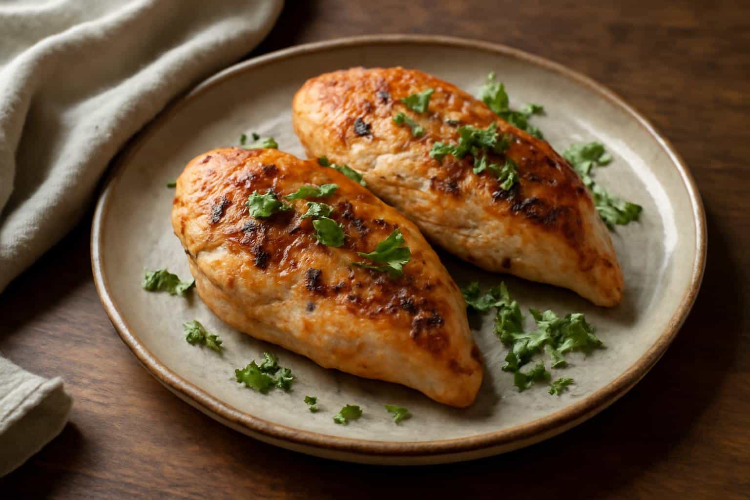 Juicy chicken breasts with golden crust and fresh herbs on rustic plate, showcasing juicy chicken breasts