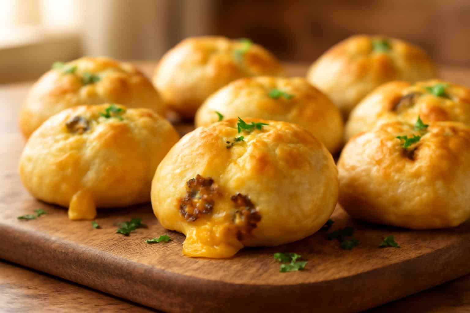 Golden baked cheesy beef biscuit bombs with melted cheese and parsley garnish showcasing cheesy beef biscuit bombs