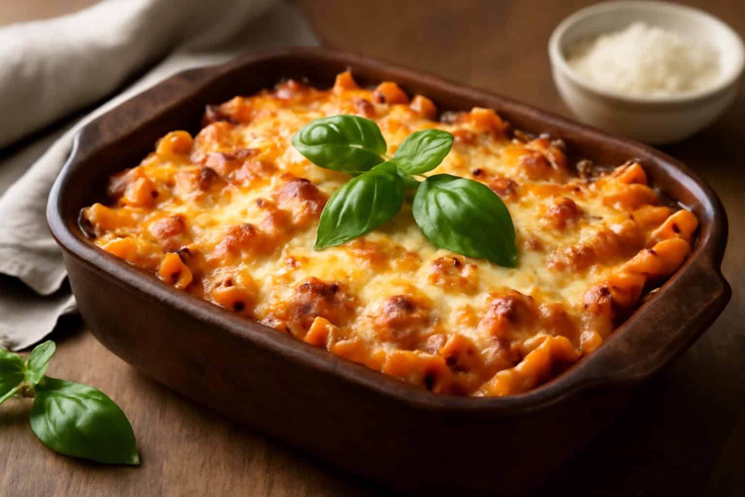 Creamy and cheesy million dollar baked ziti with melted cheese and basil garnish in a rustic dish
