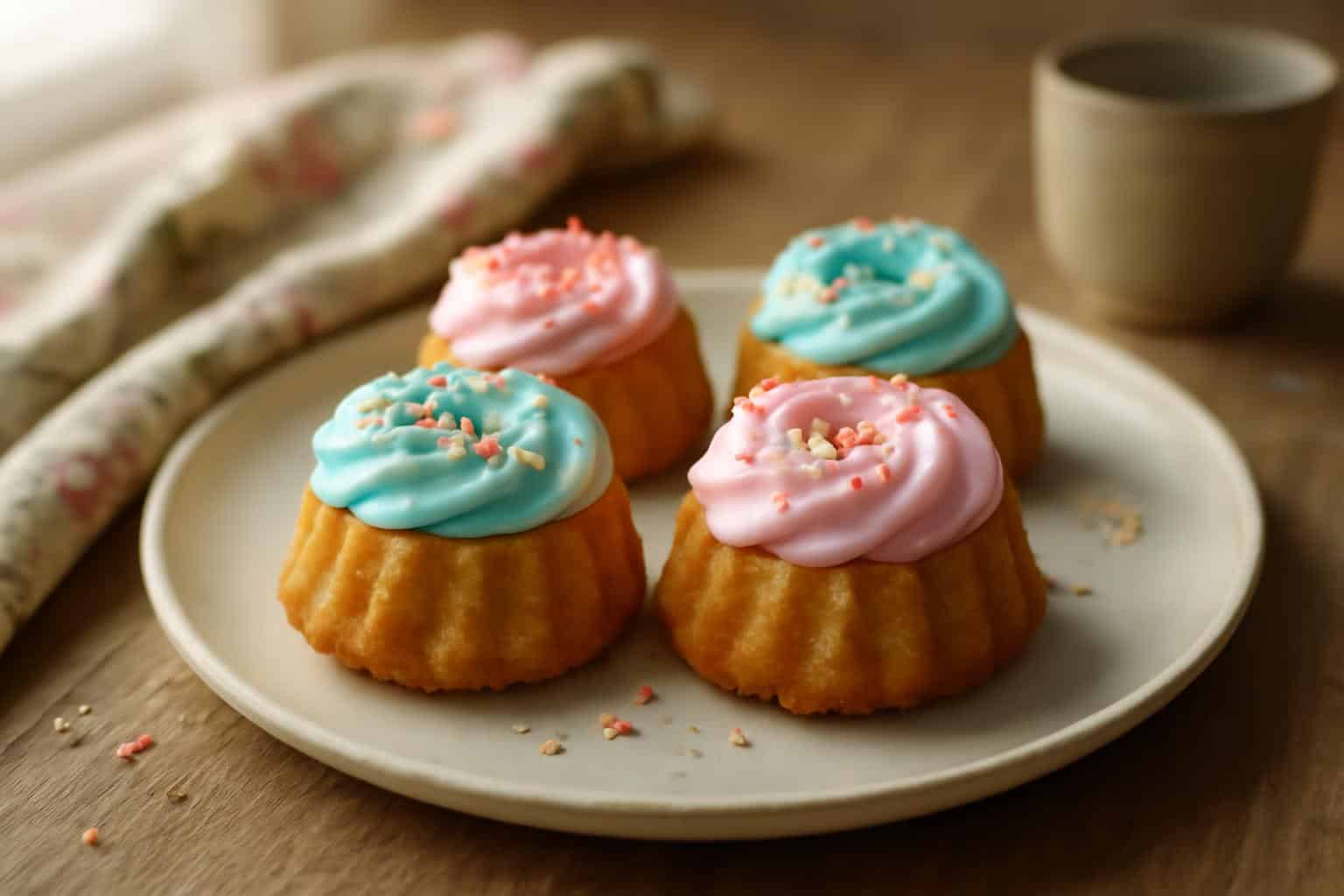 Freshly baked mini cakes with pastel frosting and sprinkles in natural light, showcasing mini cakes dessert