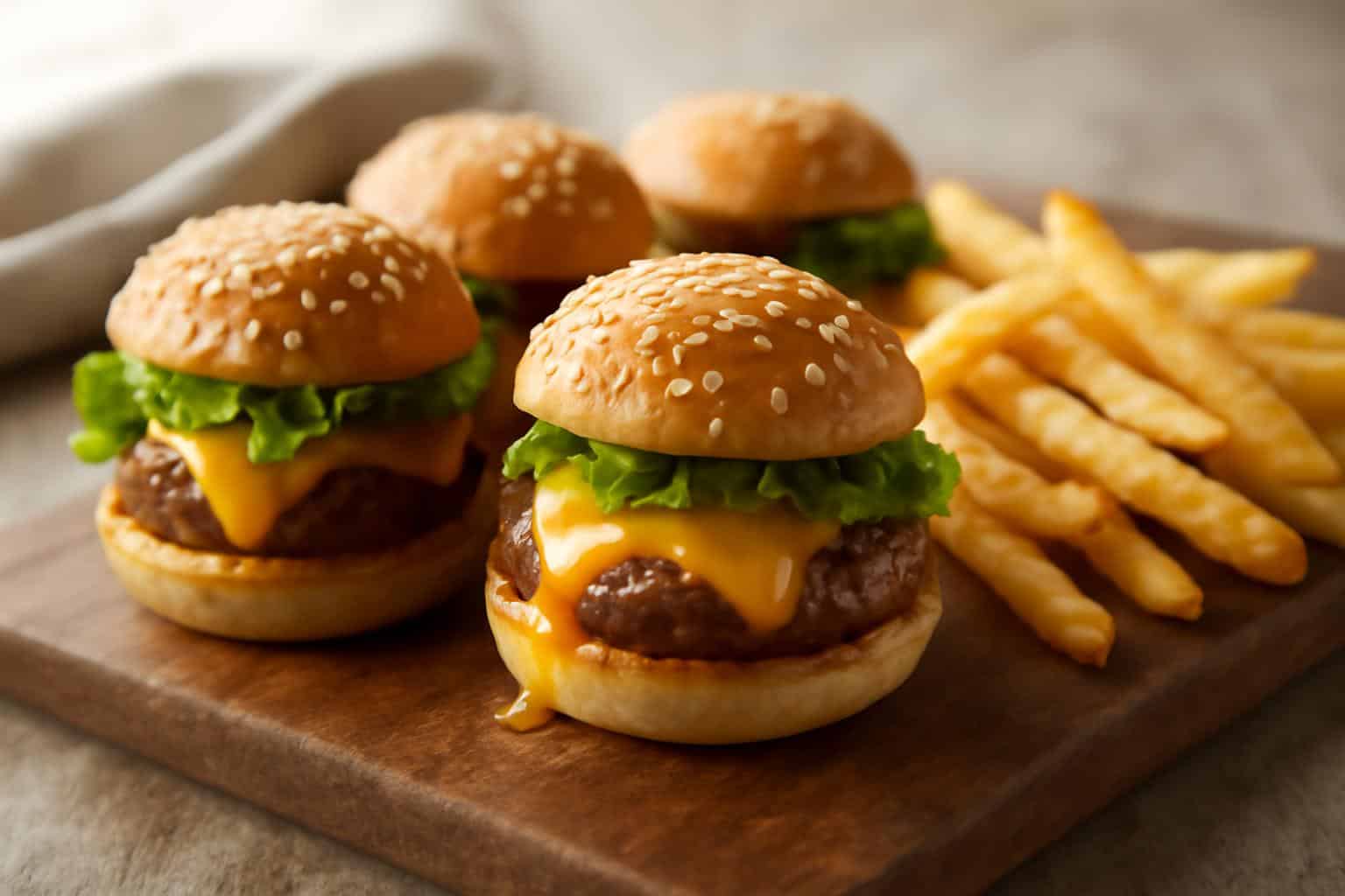 mini cheeseburger sliders with melted cheese on toasted buns and fresh lettuce