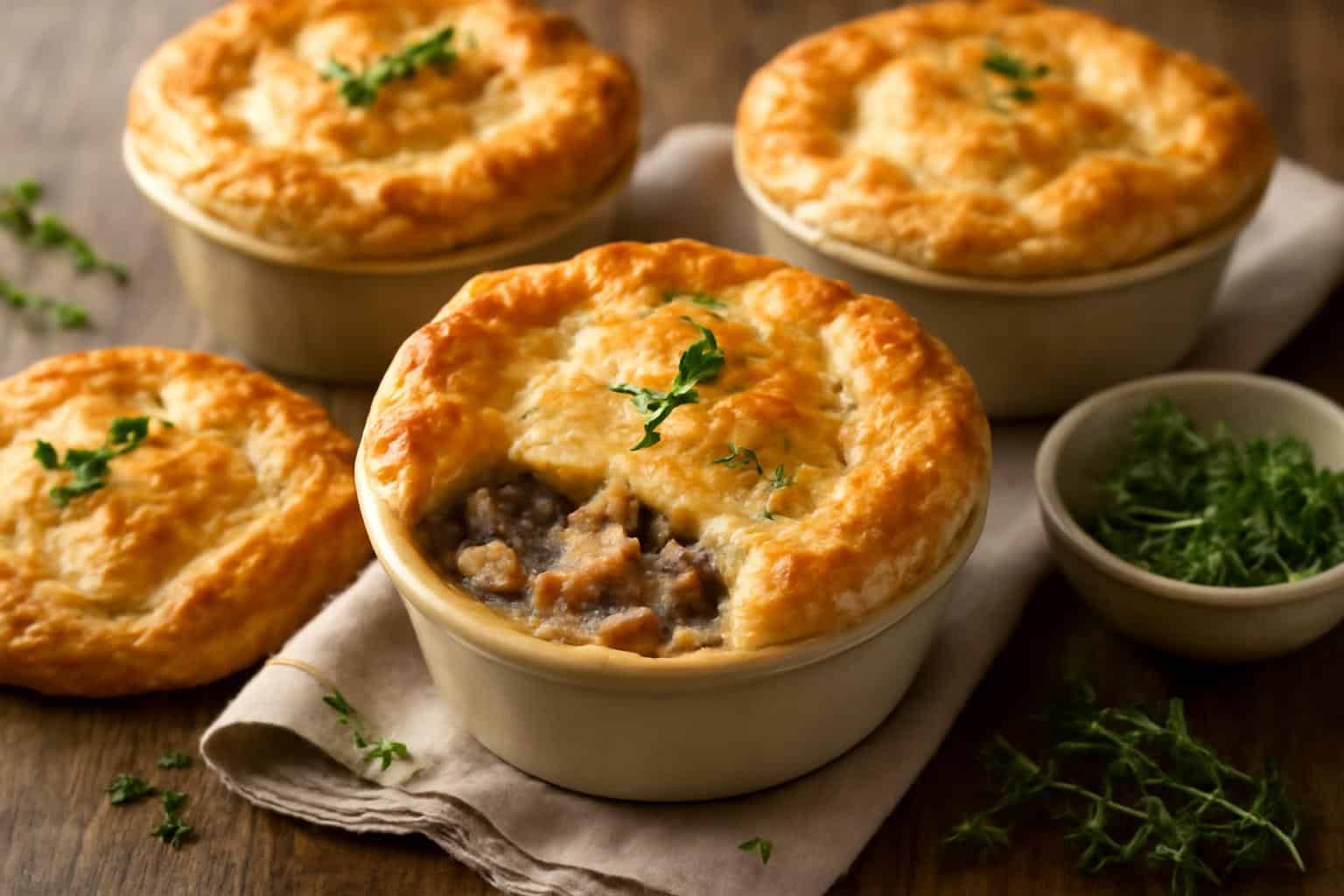 Mini mushroom pot pies with Gruyère and thyme on rustic wooden table