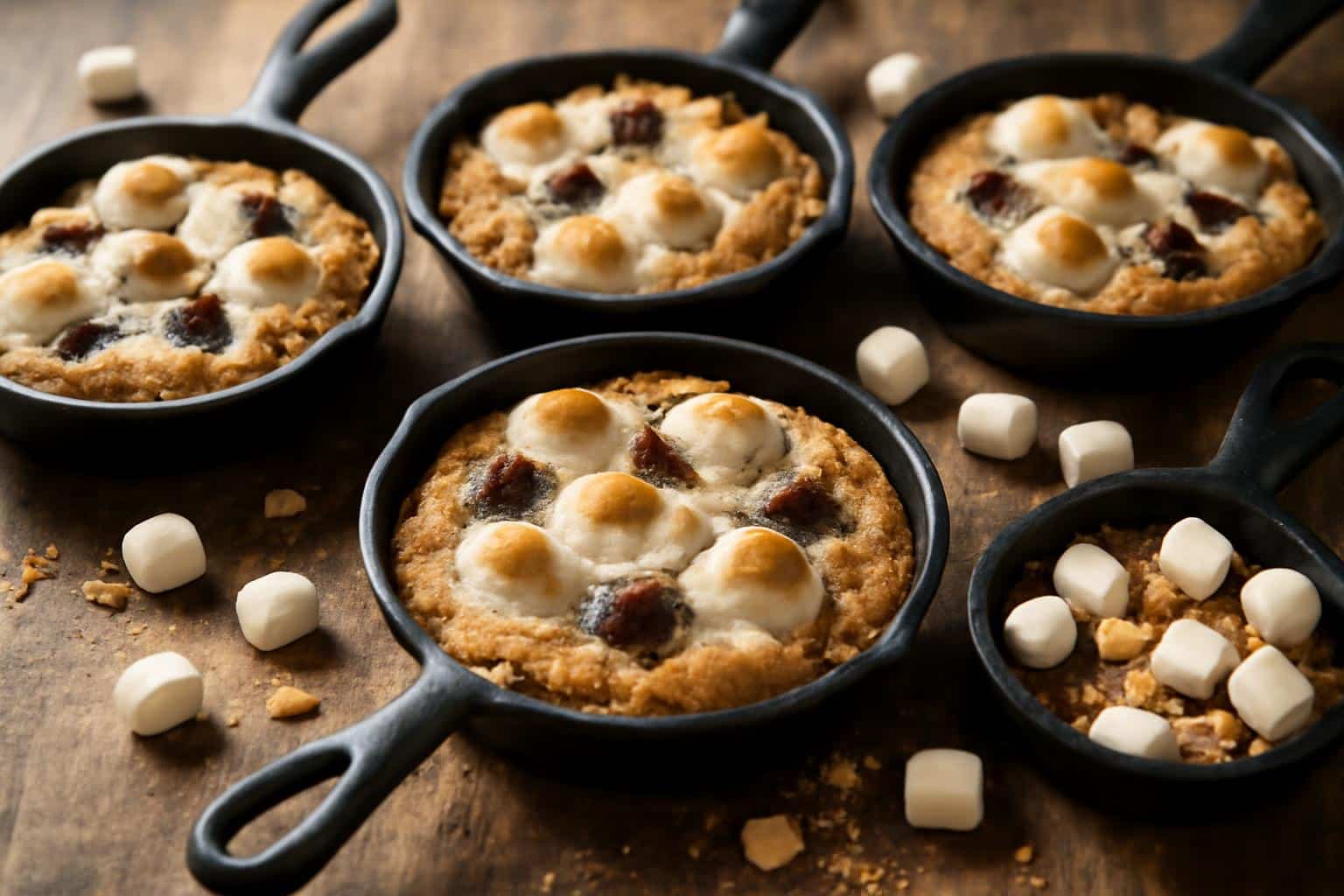 Mini smore cookie skillets fresh from the oven with melted marshmallows and chocolate chunks