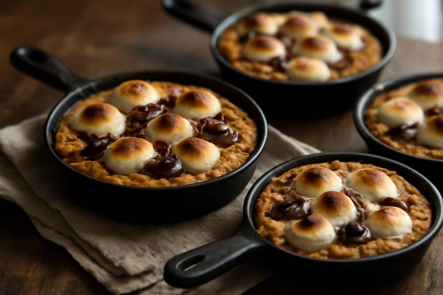 Mini smore cookie skillets with melted chocolate and toasted marshmallows on top