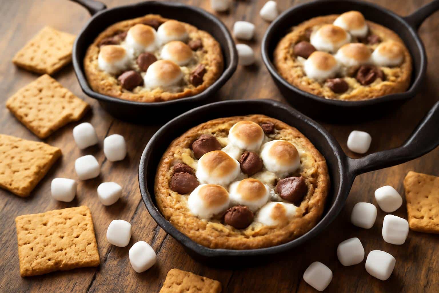 Mini smore cookie skillets with melted marshmallows and chocolate chunks on rustic wooden surface