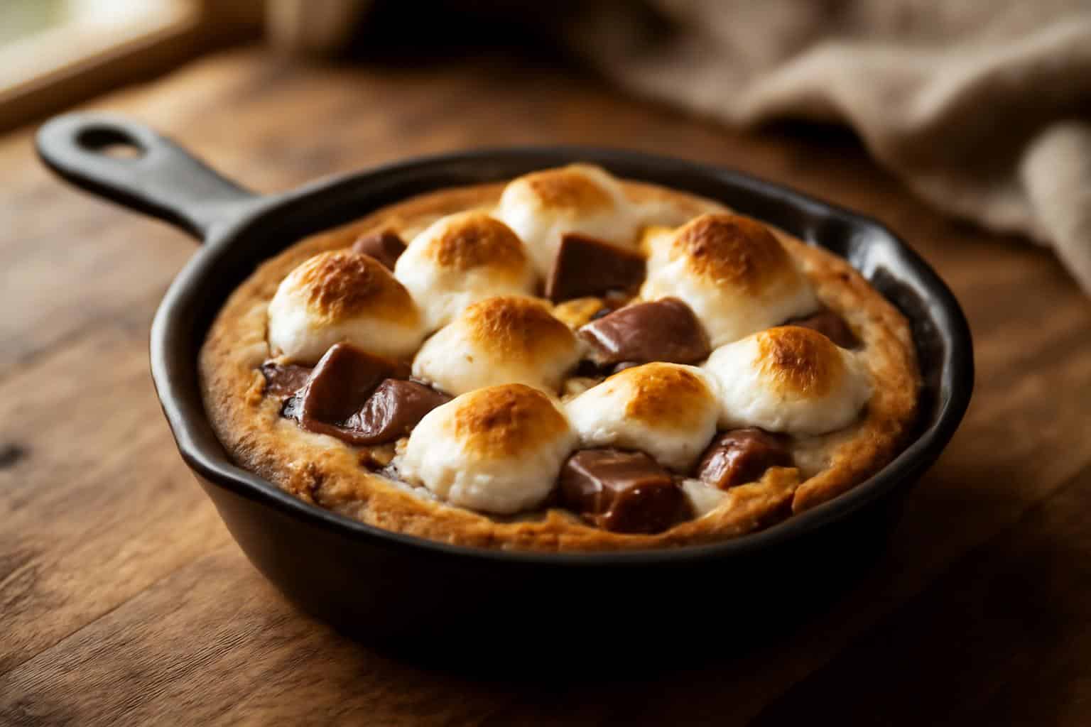 Mini smore cookie skillets fresh baked with gooey marshmallows and chocolate chunks