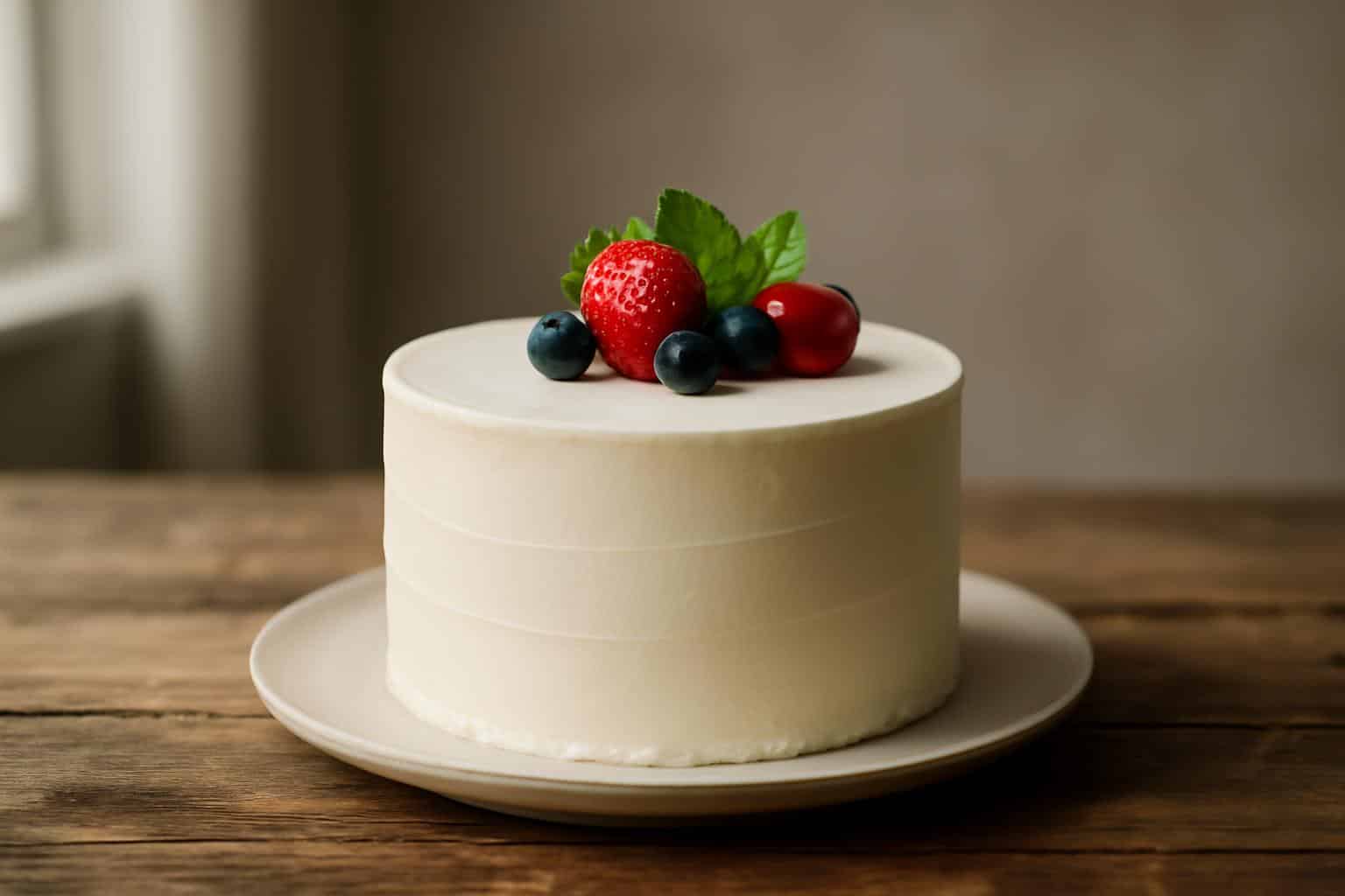 Minimalistic cake idea with smooth white frosting and fresh berries on rustic table in natural light