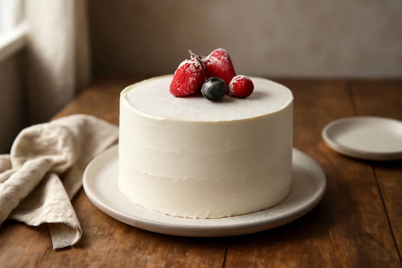 Minimalistic cake idea with smooth white frosting and fresh berries in natural soft window light
