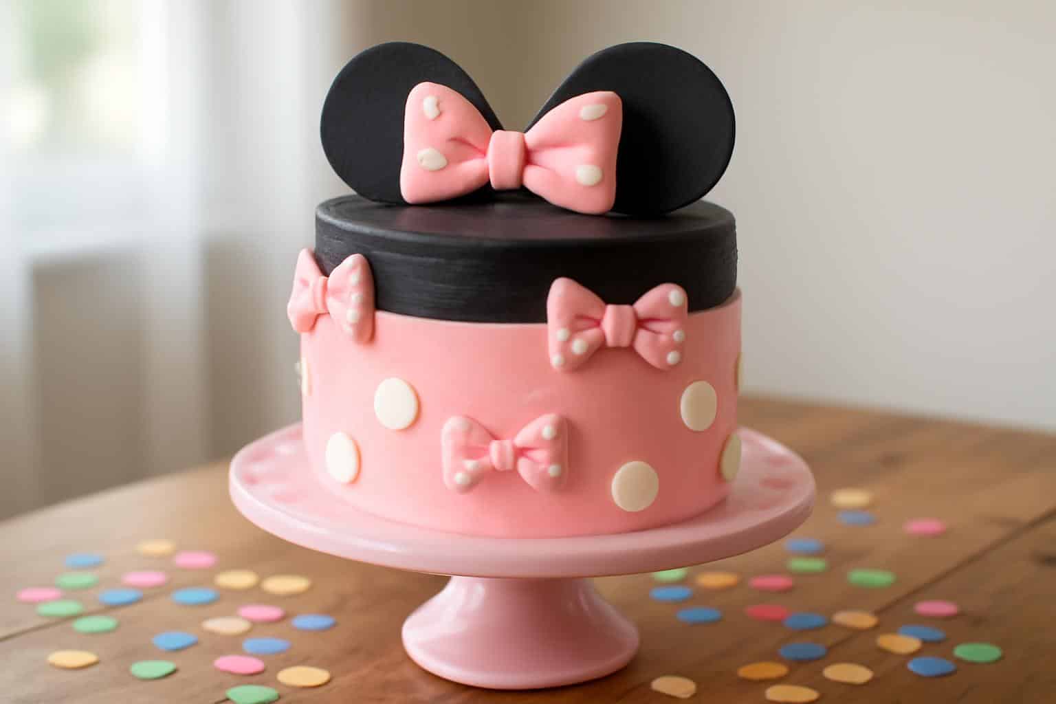 Deliciously decorated Minnie mouse cake with pink and black frosting and candy bow