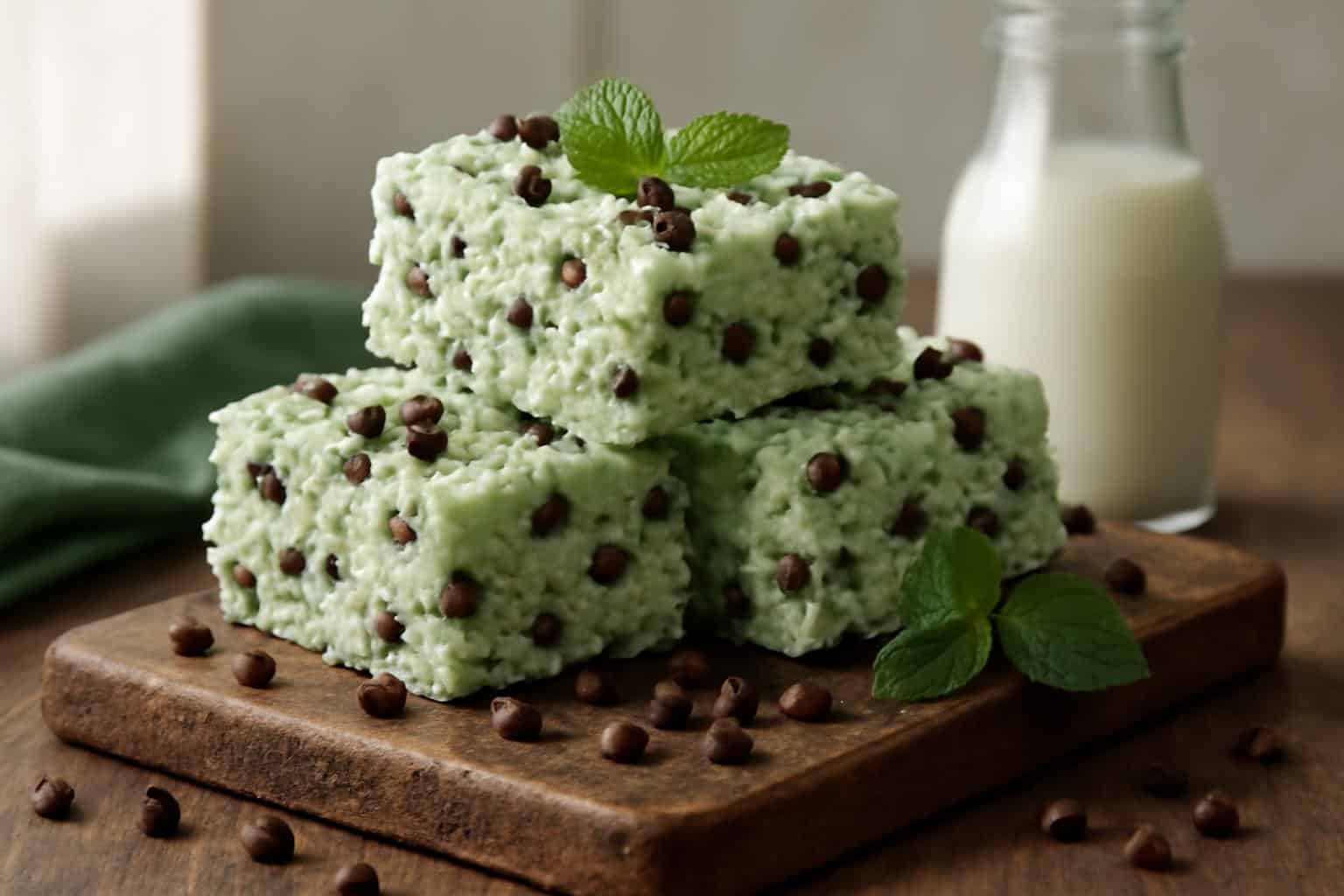 Mint chocolate chip Rice Krispie treats with fresh mint garnish and chocolate chips