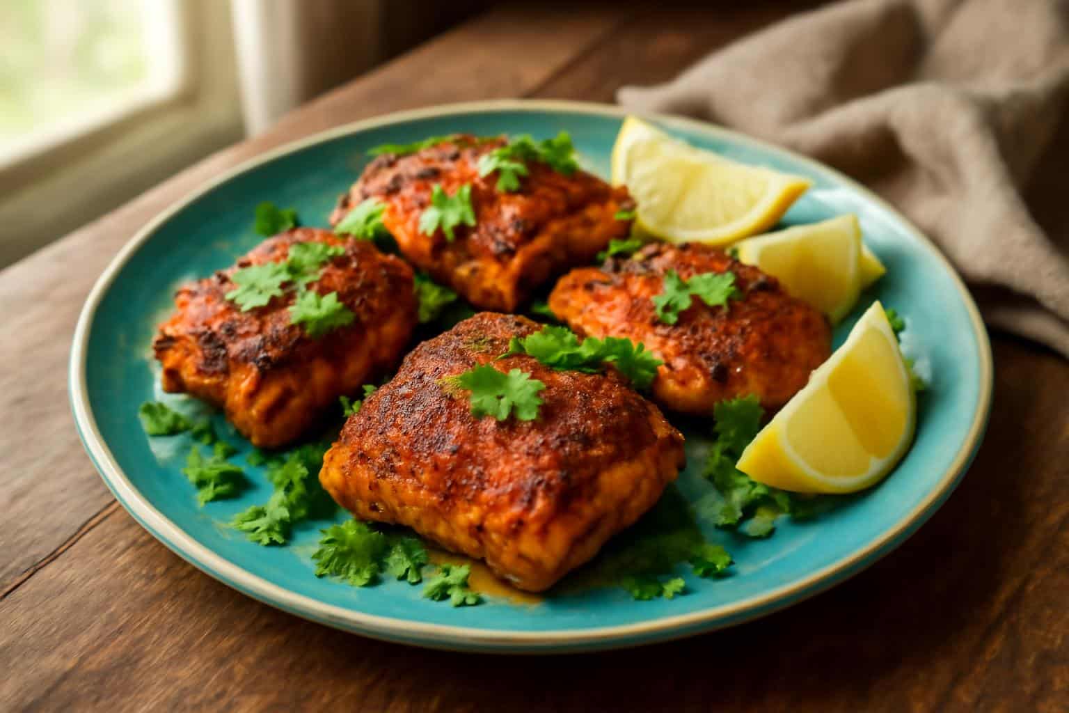 Moroccan harissa chicken served with fresh cilantro and lemon wedges on a rustic wooden table