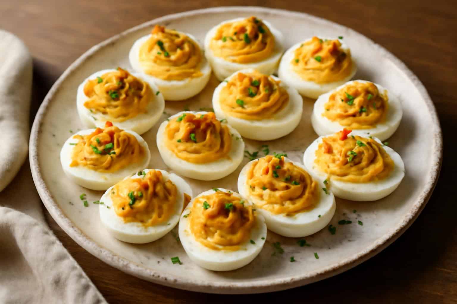 plated million dollar deviled eggs garnished with chives and paprika