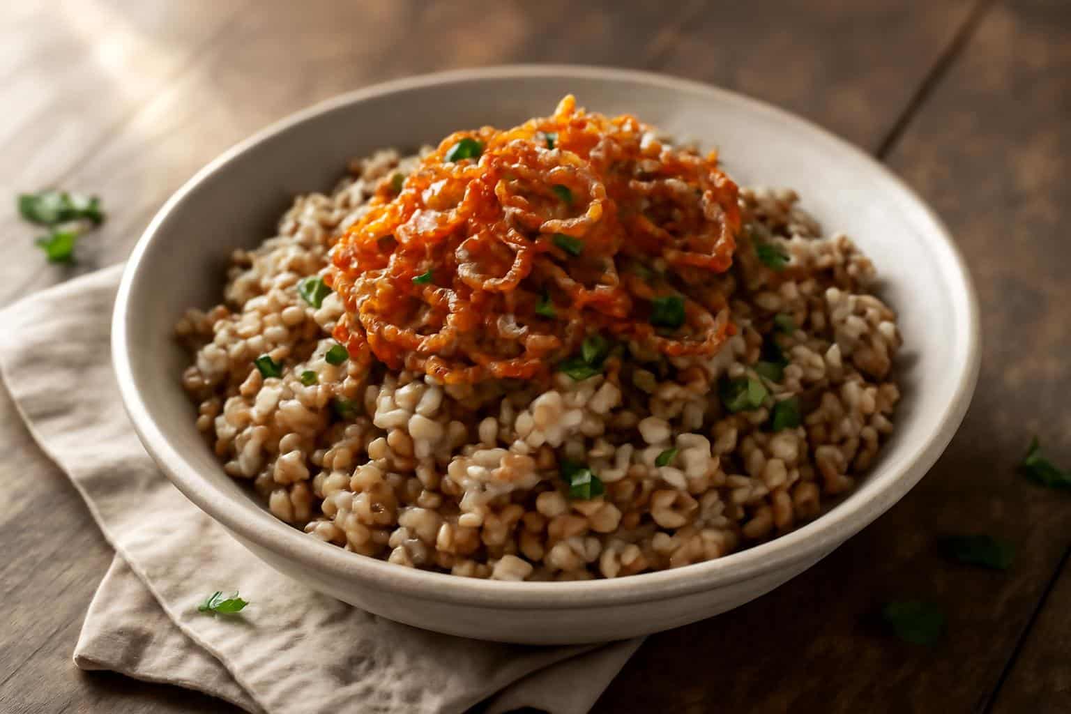 Mujadara Magic featuring savory lentils and rice topped with crispy onions and fresh parsley