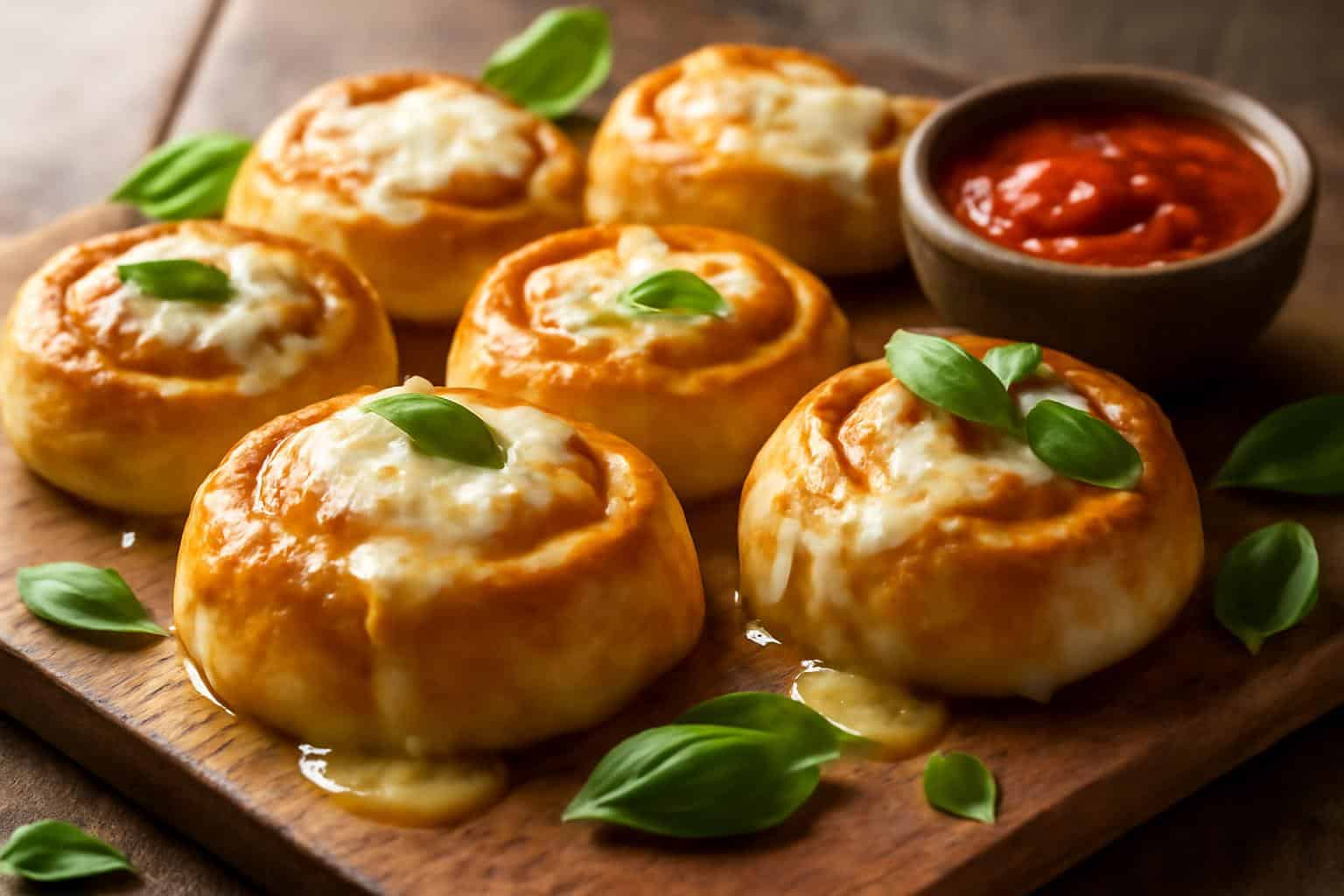 New York pizza rolls drenched in garlic butter and melted mozzarella cheese on rustic board