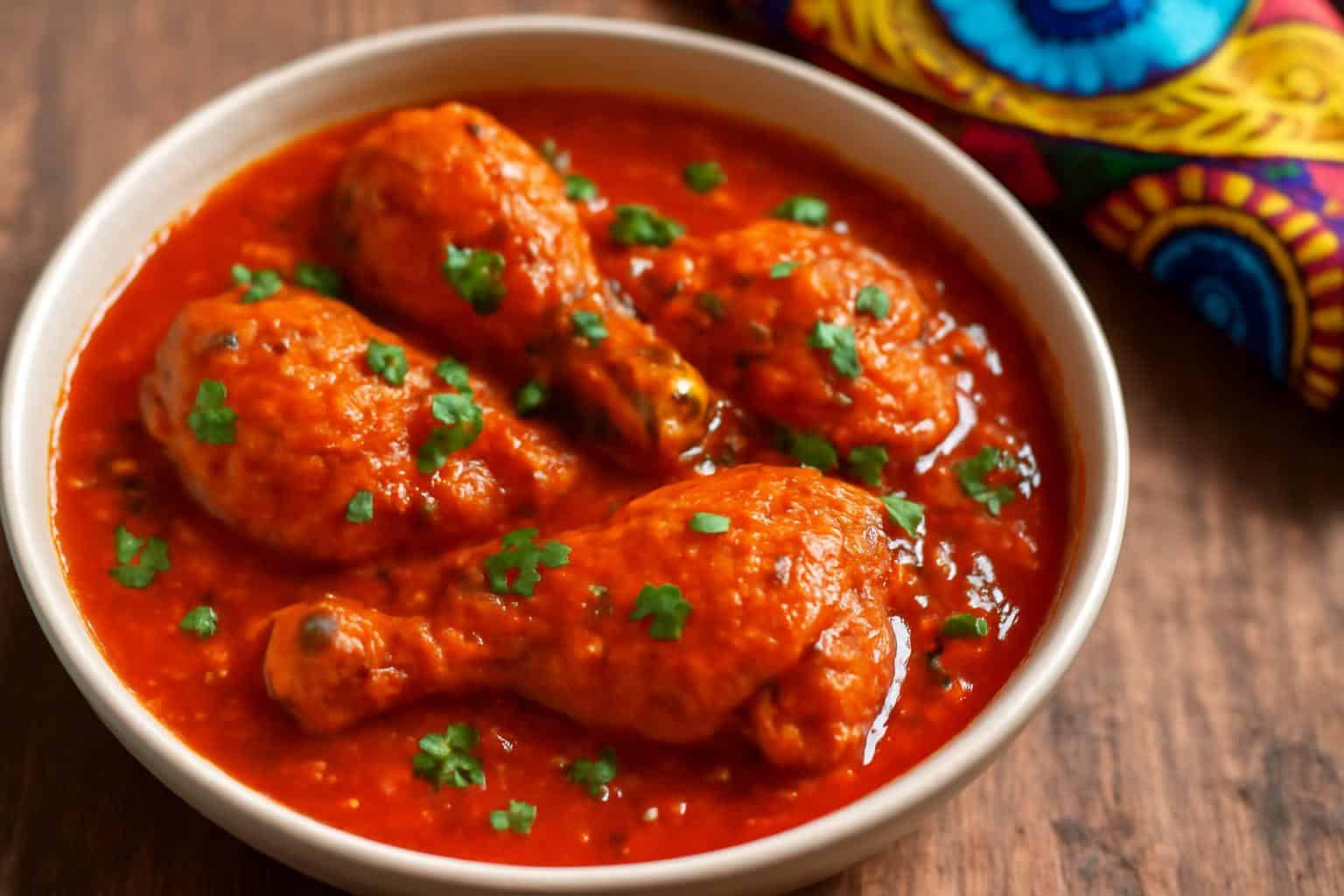 Bowl of rich Nigerian chicken stew with tender chicken and spicy tomato sauce