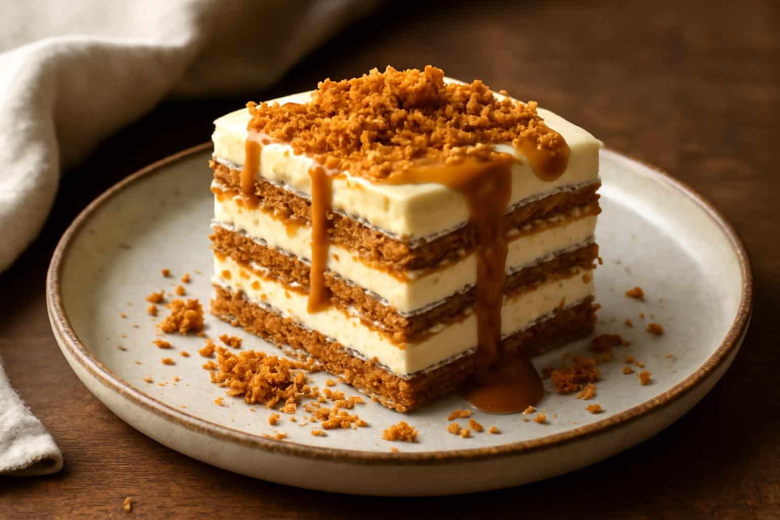 No-bake cookie butter icebox cake with Speculoos cookies layered and garnished