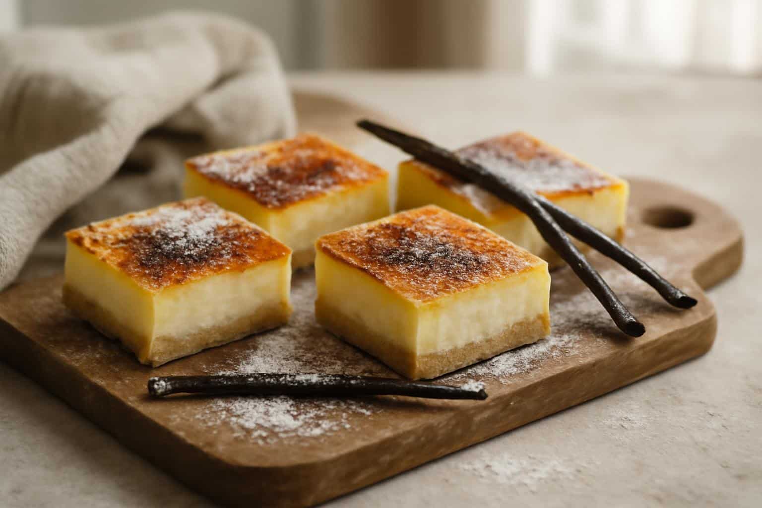 Close-up of crème brûlée cookie bars with caramelized tops and creamy centers, focus on the crème brûlée cookie bars des