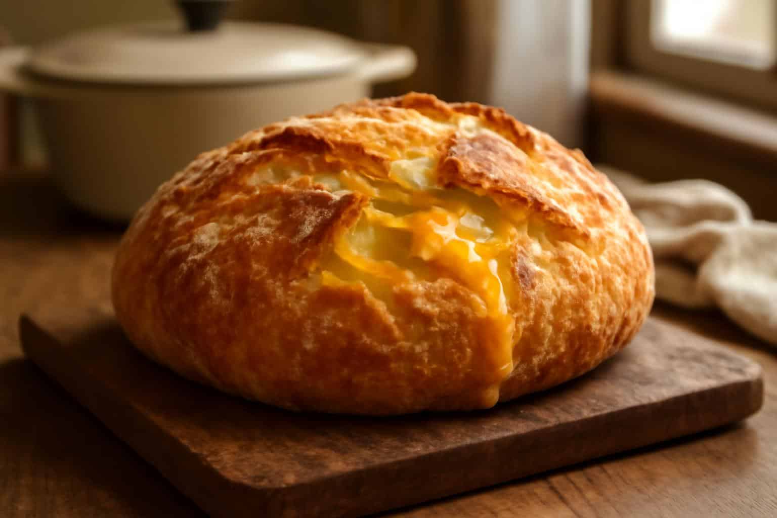 Crusty no-knead cheddar bread baked in a Dutch oven with melted cheese inside