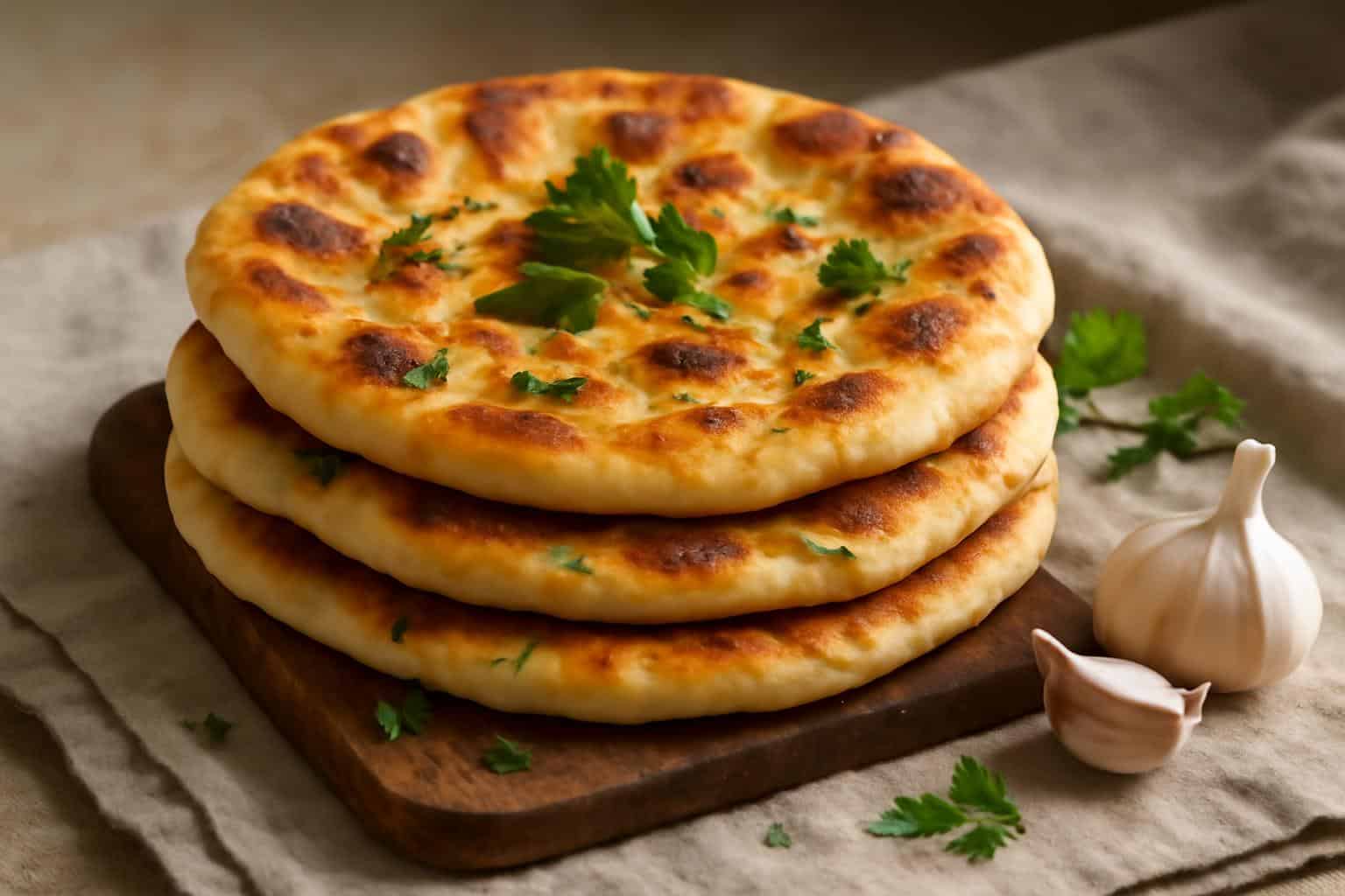Fresh no knead garlic flatbread with liquid batter garnished with parsley