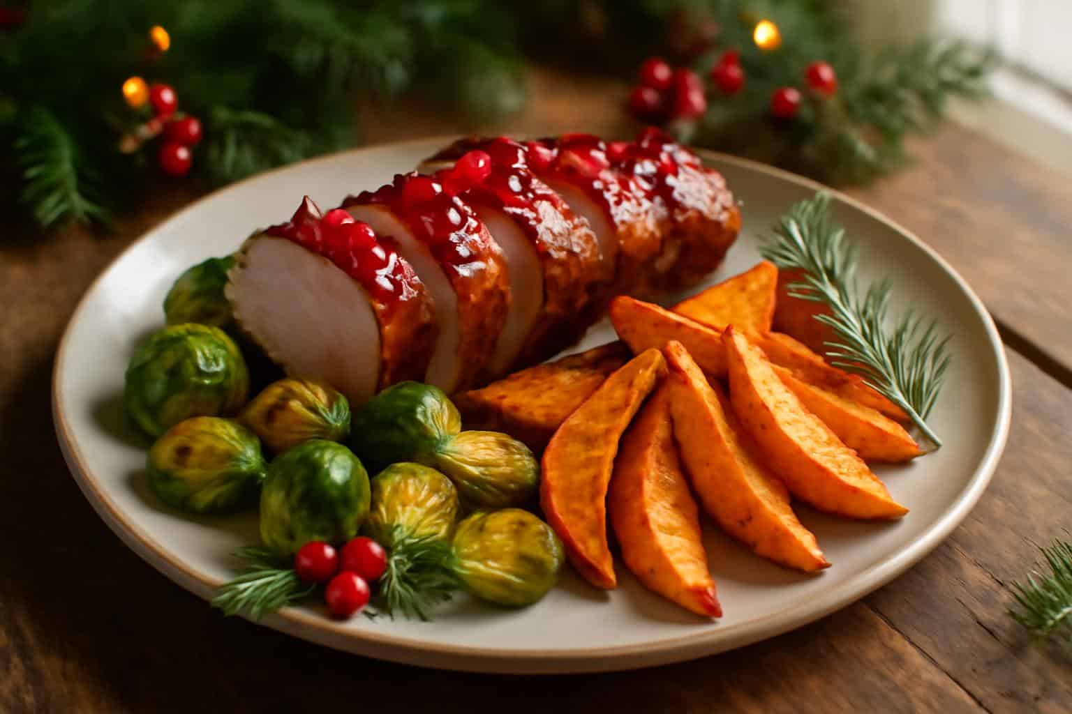 plate with non traditional Christmas dinners featuring roasted spiced pork tenderloin and colorful sides