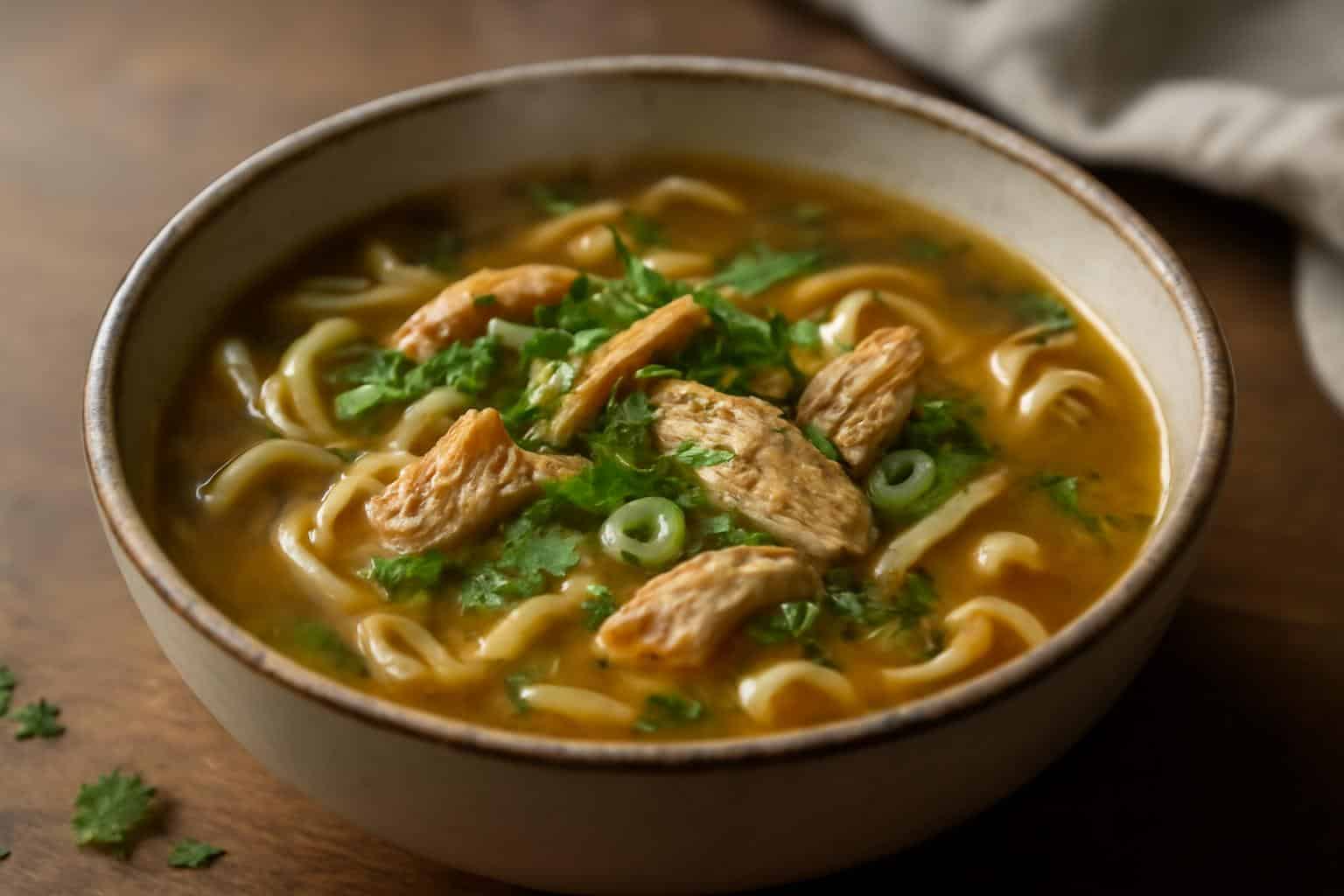 bowl of nourishing ginger garlic chicken noodle soup with fresh herbs and noodles