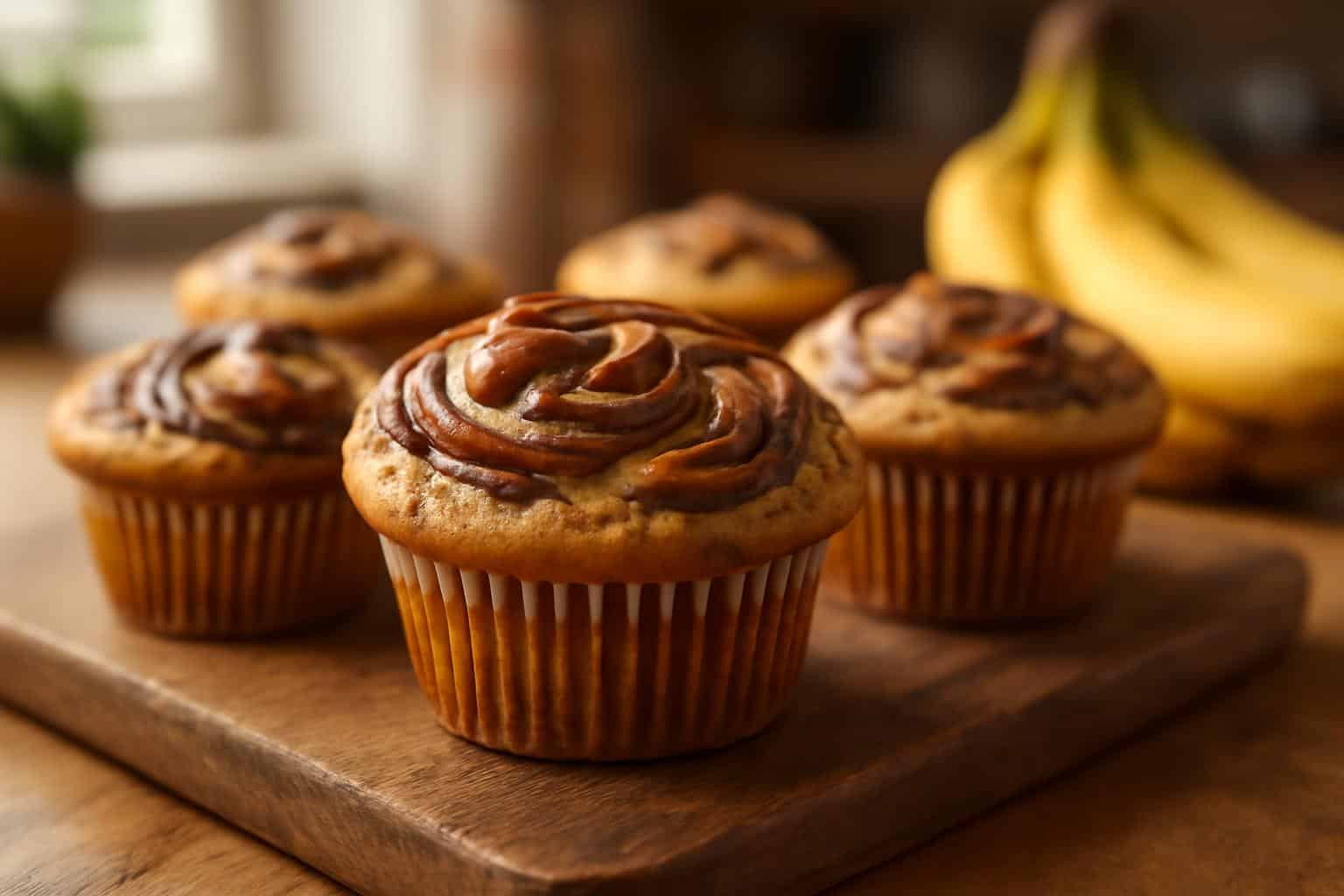 Freshly baked Nutella banana muffins with chocolate swirls on wooden board