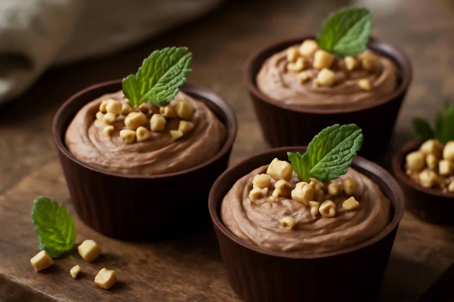 Nutella cheesecake chocolate cups with hazelnut garnish in chocolate shells