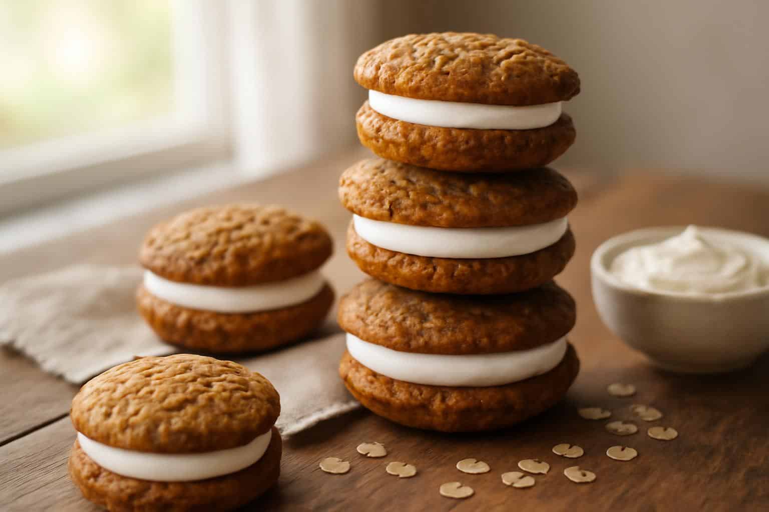 Moist oatmeal cream pie cupcakes with creamy filling on rustic table, oatmeal cream pie cupcakes