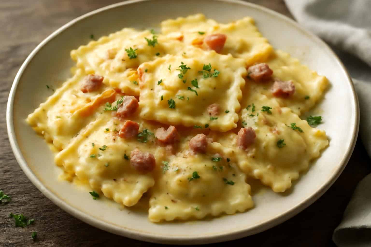 Ravioli carbonara with creamy bacon sauce garnished with parsley and pepper