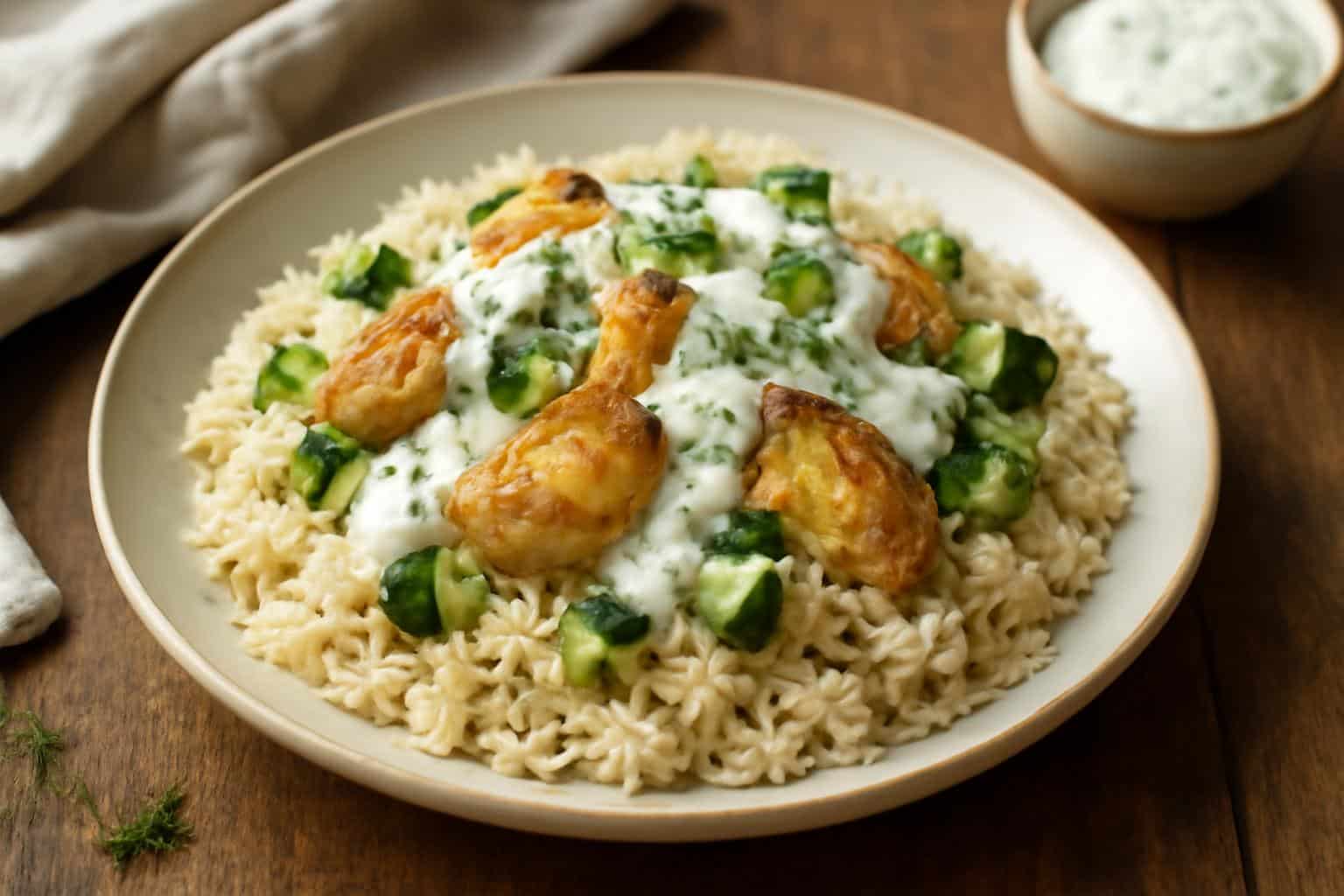 One-pan chicken tzatziki rice served with creamy sauce and fresh herbs in a rustic bowl