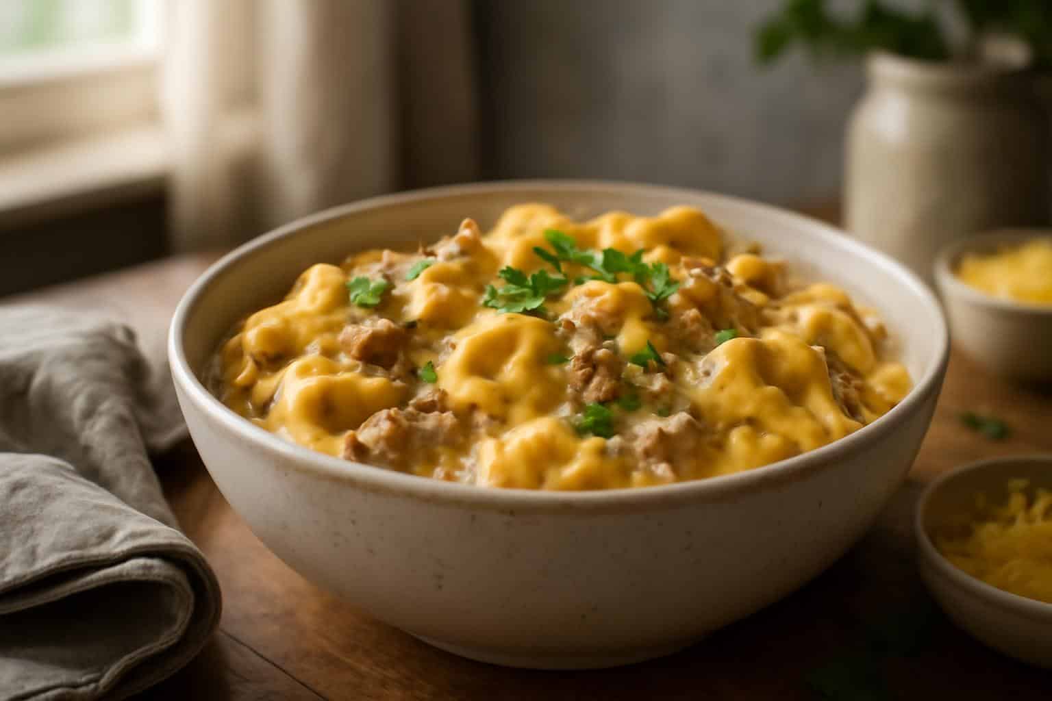One-pan creamy cheeseburger tortellini served in a bowl garnished with parsley