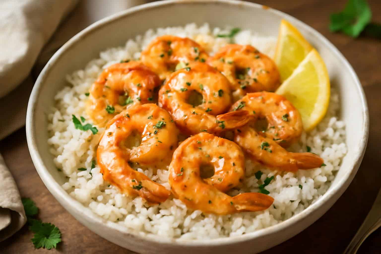 One-pan creamy garlic butter shrimp and rice garnished with parsley and lemon wedges