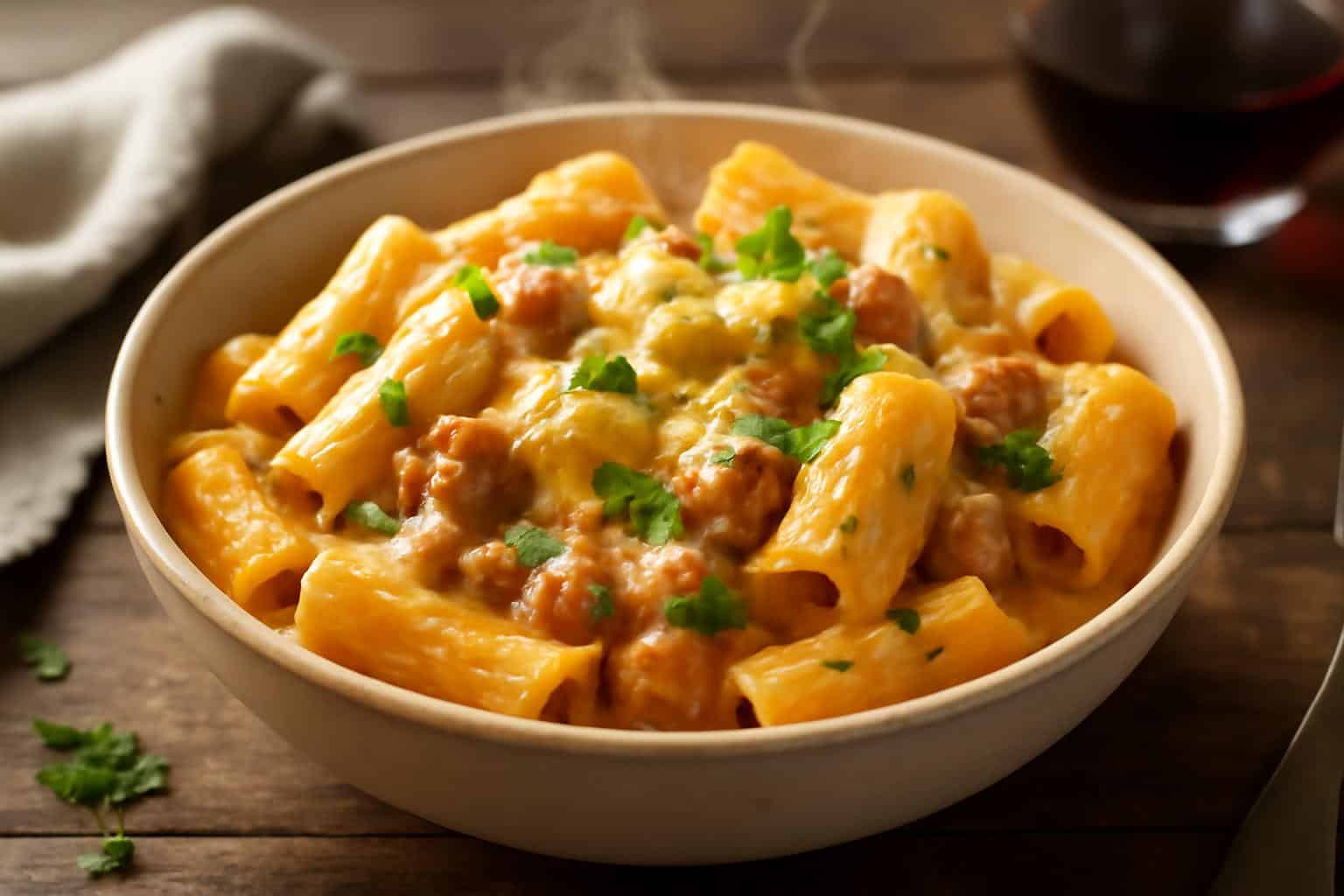 Creamy sausage rigatoni in a bowl garnished with parsley and melted cheese